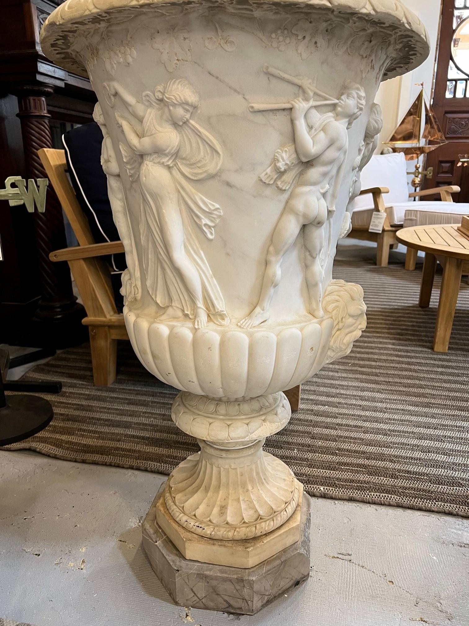 Pair of Antique Early 20th Century Italian Carved Marble Urns w/ Carved Figures For Sale 1