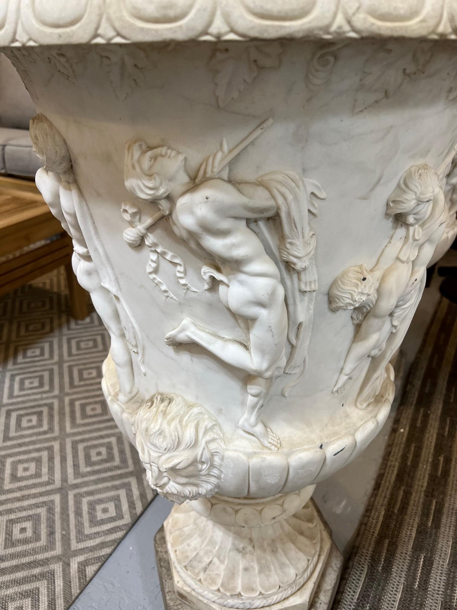 Pair of Antique Early 20th Century Italian Carved Marble Urns w/ Carved Figures For Sale 3