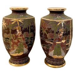 Pair of Antique 19th Century Japanese Satsuma Porcelain Urns.