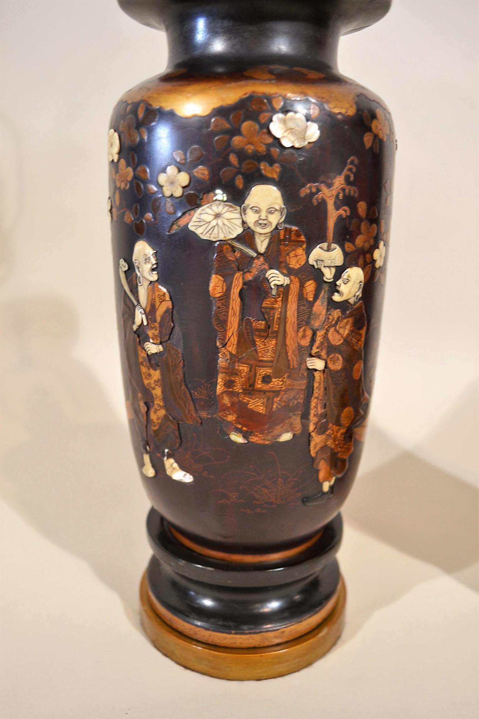 Hand-Carved Pair of Antique 19th Century Japanese Shibayama Lamps