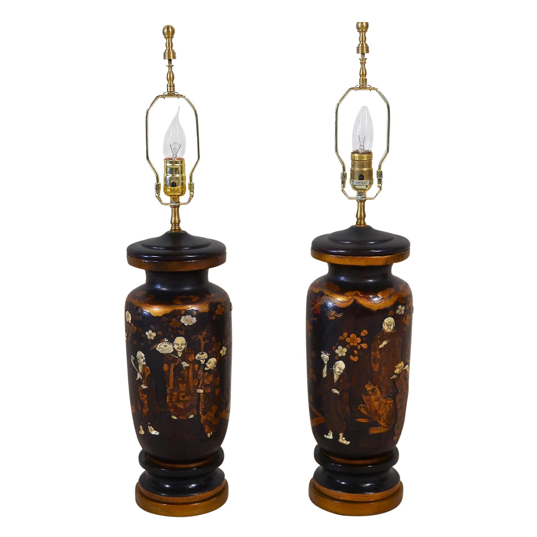 Pair of Antique 19th Century Japanese Shibayama Lamps