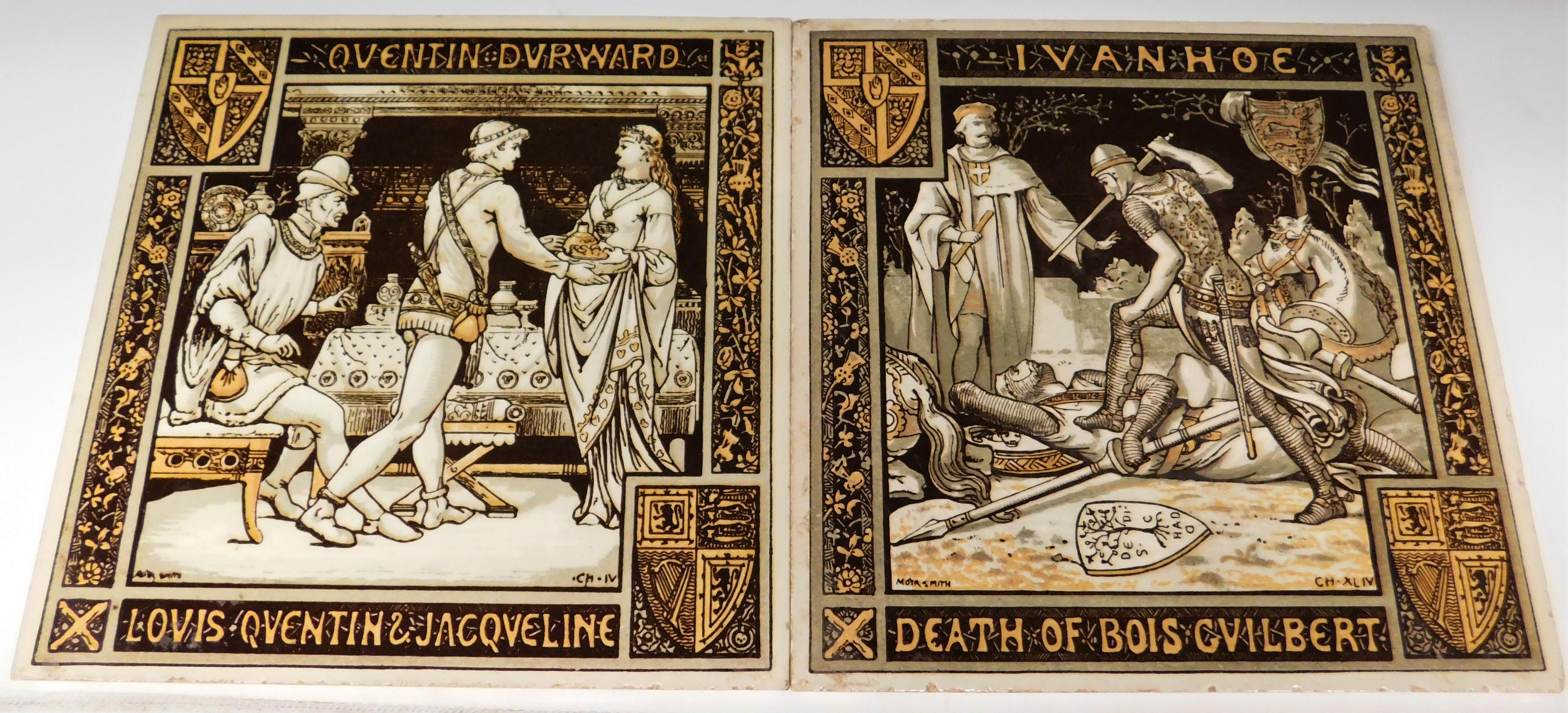 A pair of large Victorian hand painted Minton China Works in Stoke-upon-Trent, England, English tiles based on Scott's popular Waverly Novels, designed by John Moyr Smith. Earthenware tiles, dust-pressed cream body, transfer-printed in black and
