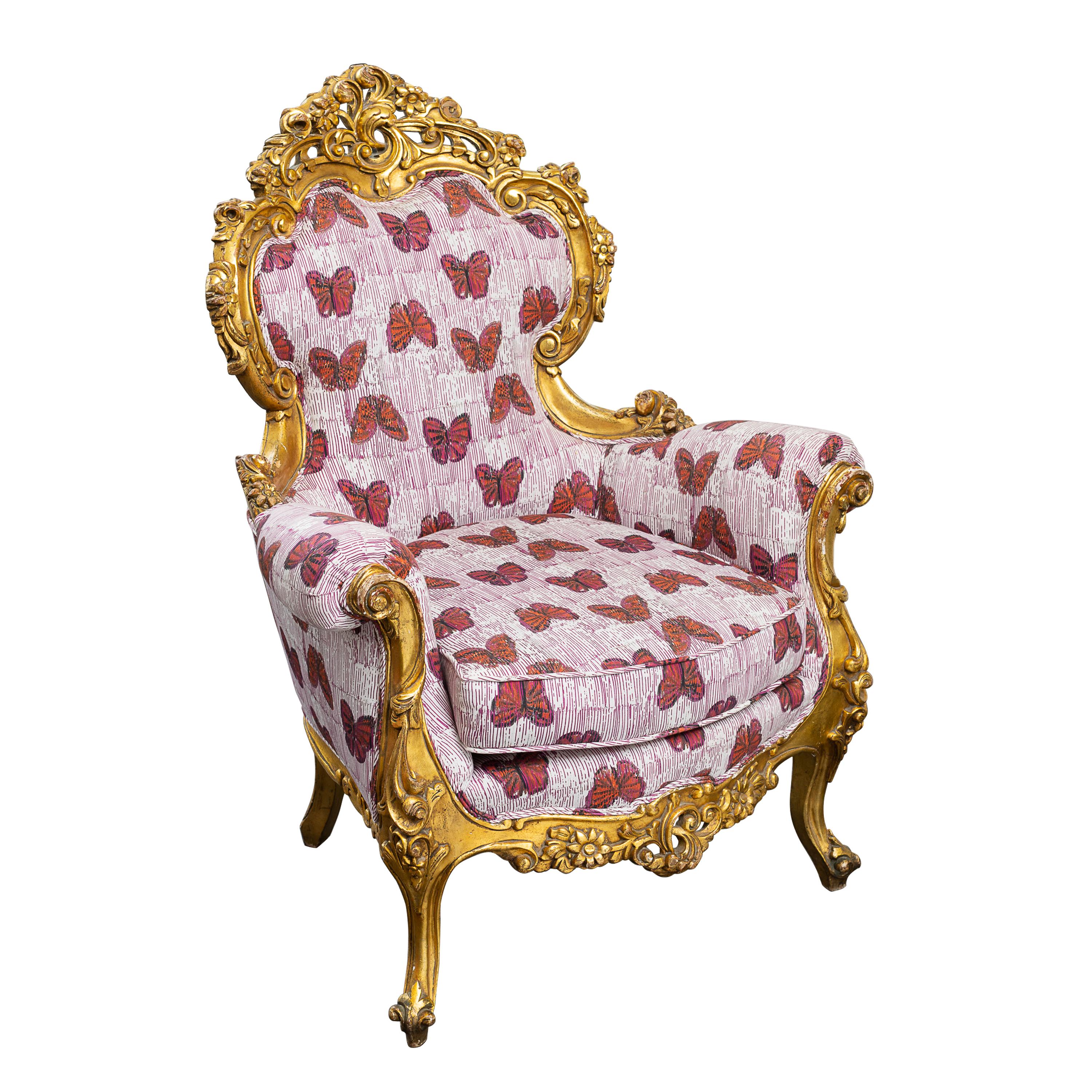 Hand-Carved Pair of Antique 19th Century Louis XV Style Gold Leaf Bergere, Hunt Slonem For Sale