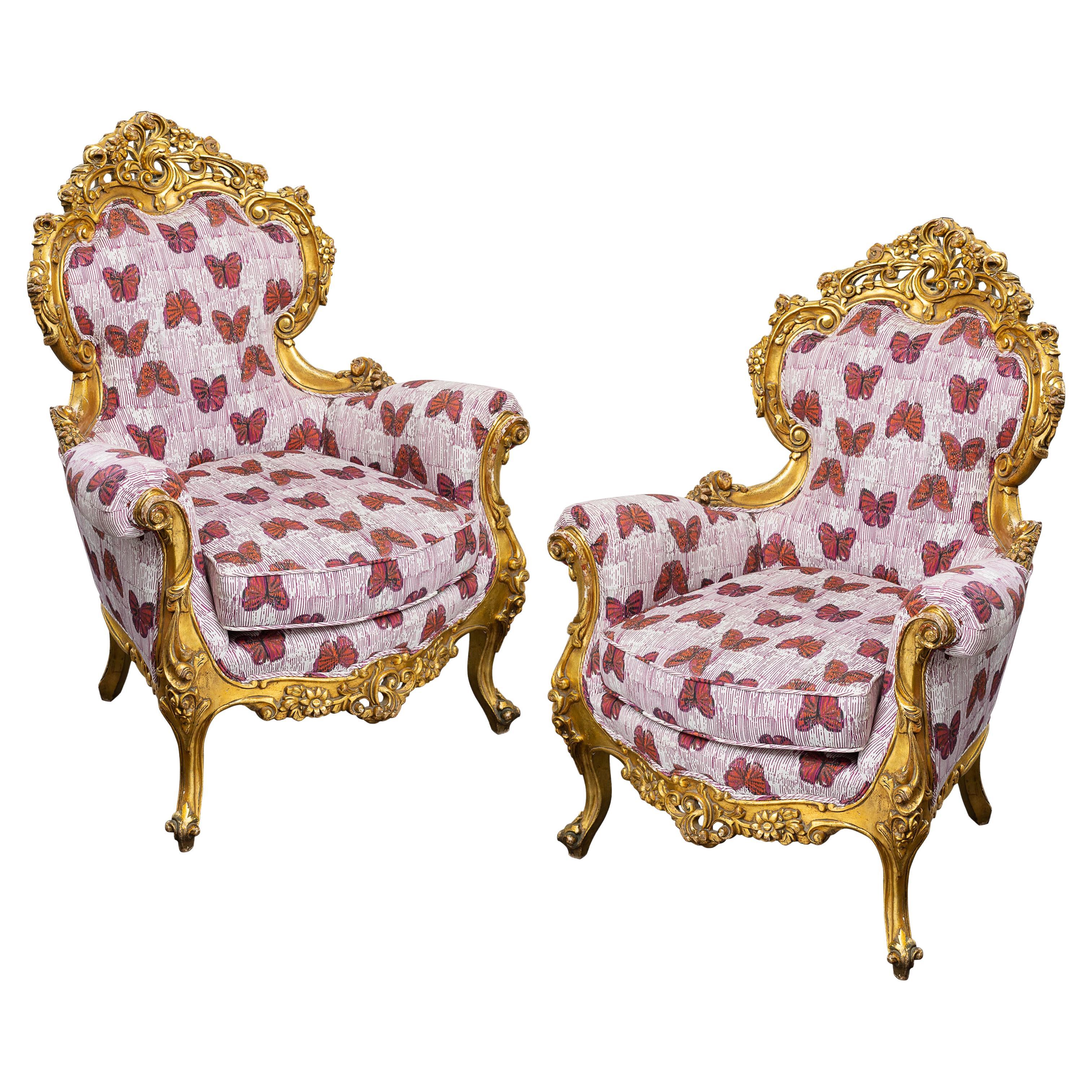 Pair of Antique 19th Century Louis XV Style Gold Leaf Bergere, Hunt Slonem For Sale