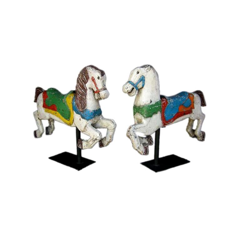 Pair of Antique 19th Century Painted Carnival Carousel Horses