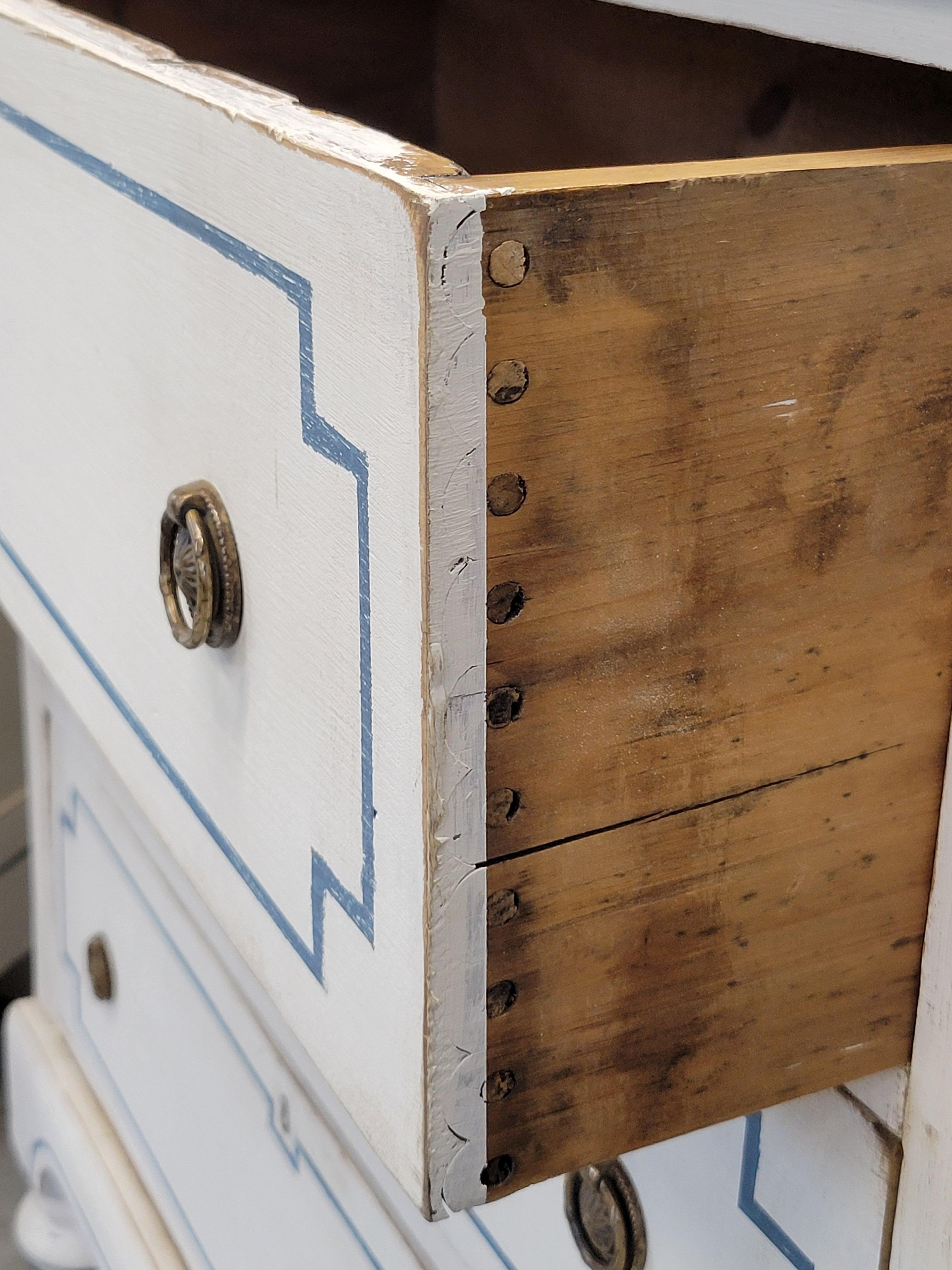 Pair of Antique 19th Century Pine Painted White Dressers With Blue French Line 5