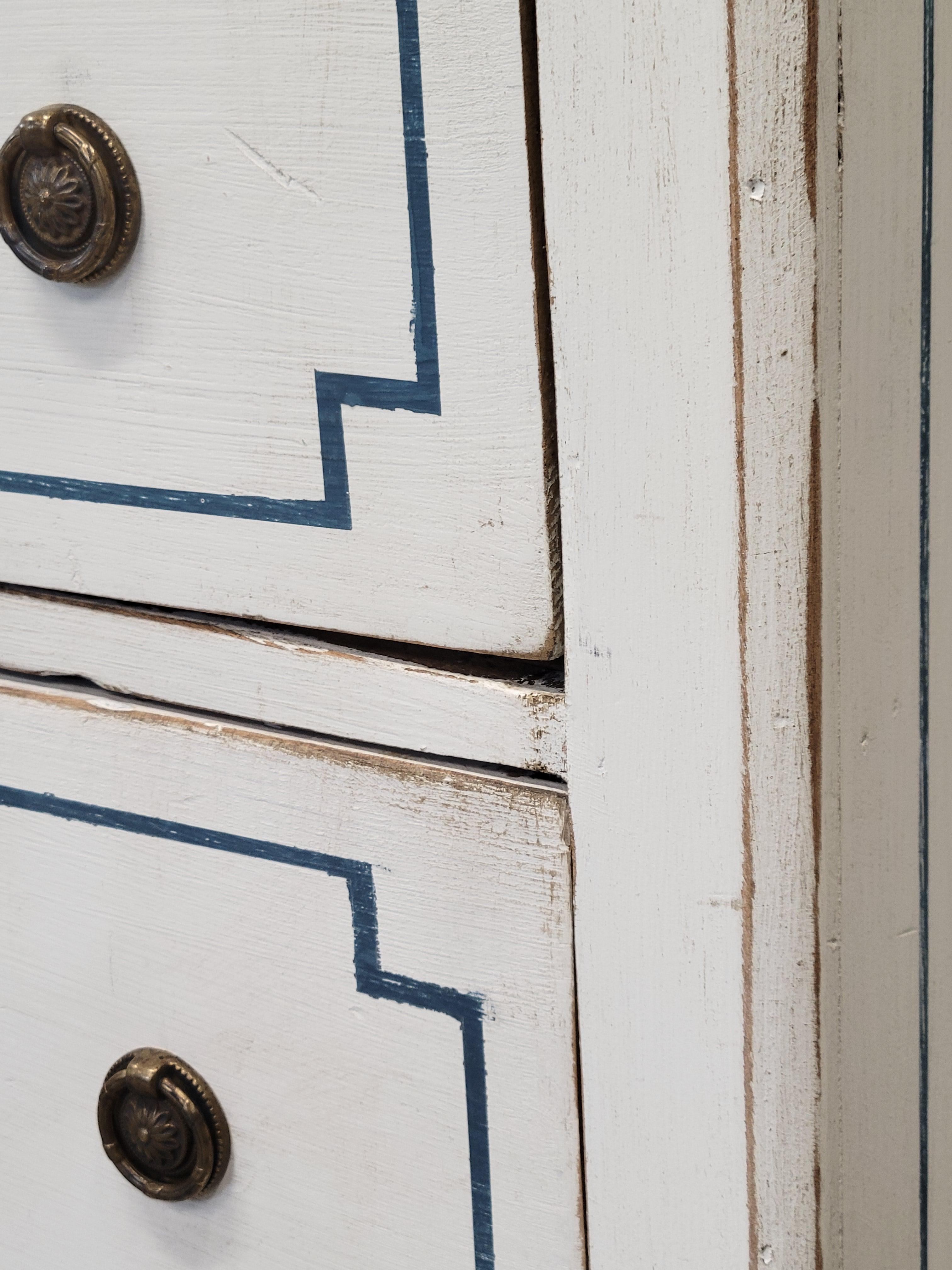 Pair of Antique 19th Century Pine Painted White Dressers With Blue French Line 6