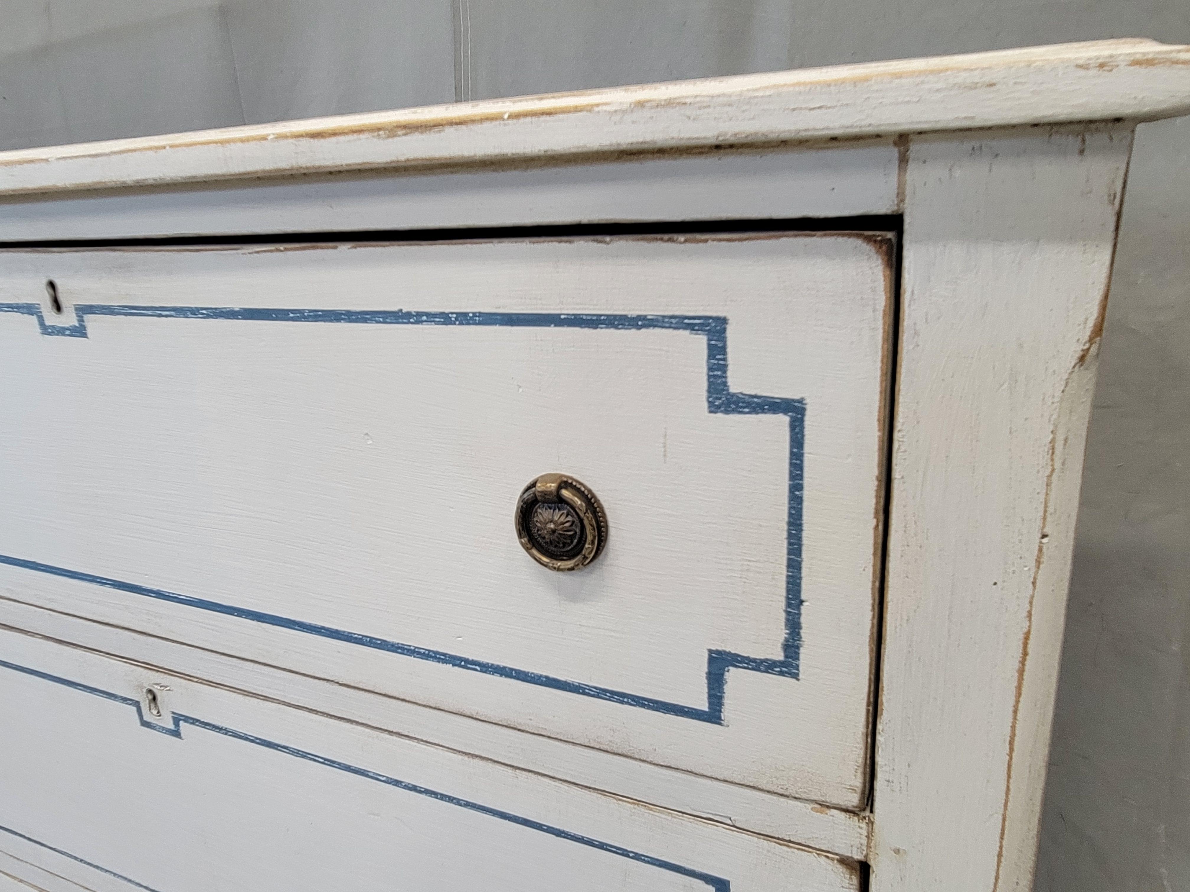 Pair of Antique 19th Century Pine Painted White Dressers With Blue French Line 7