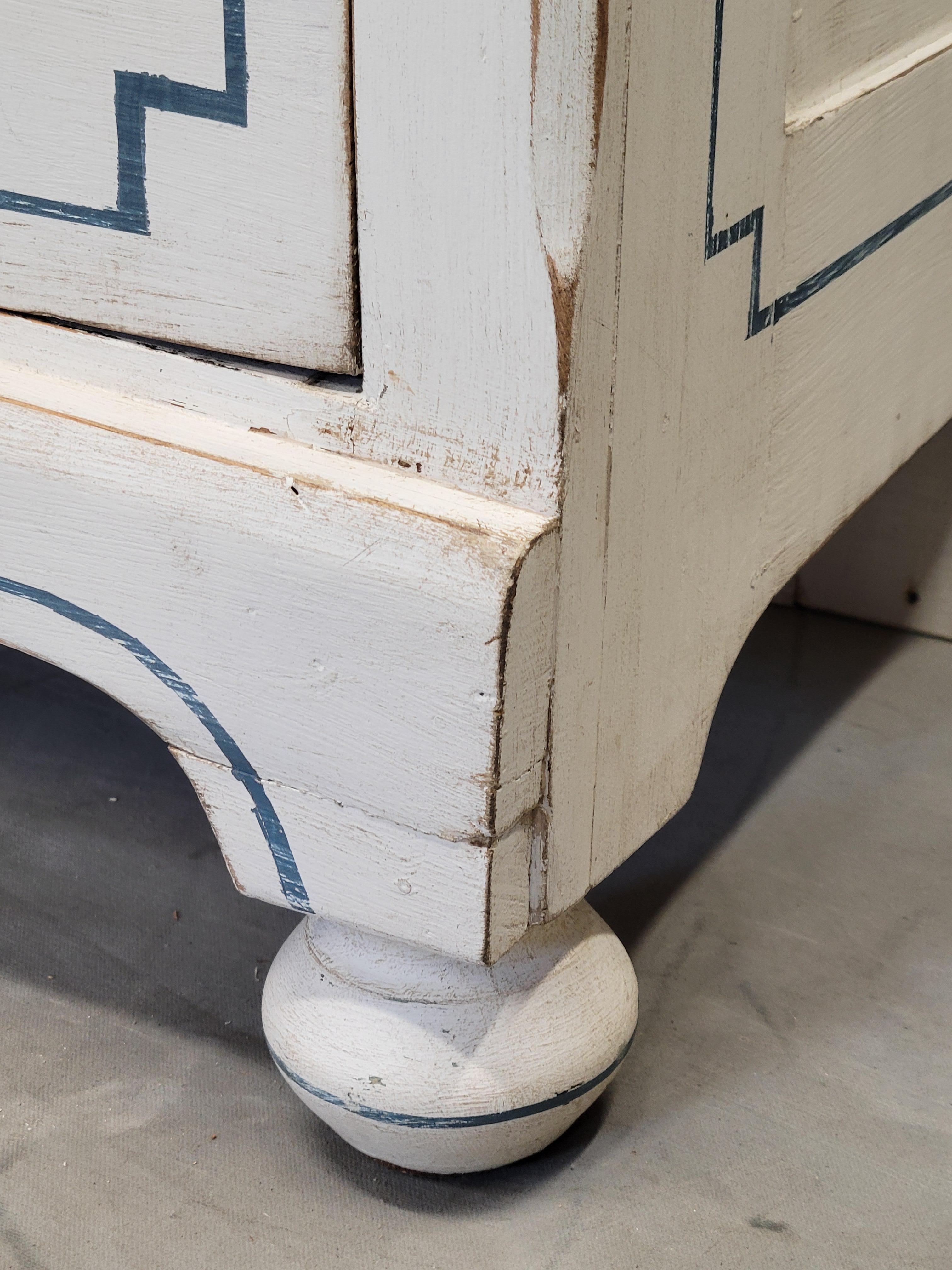 Pair of Antique 19th Century Pine Painted White Dressers With Blue French Line 8