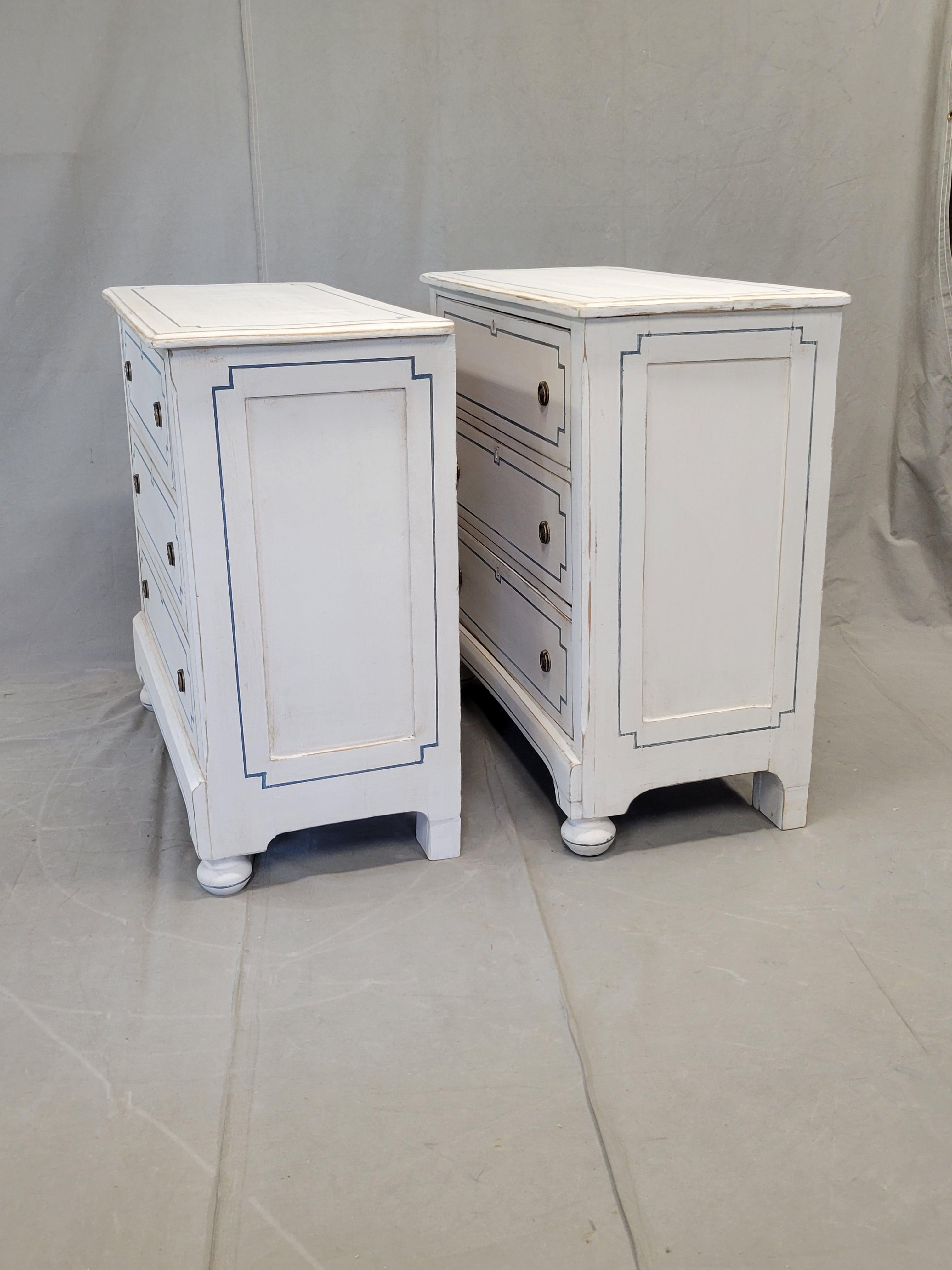 Pair of Antique 19th Century Pine Painted White Dressers With Blue French Line 9