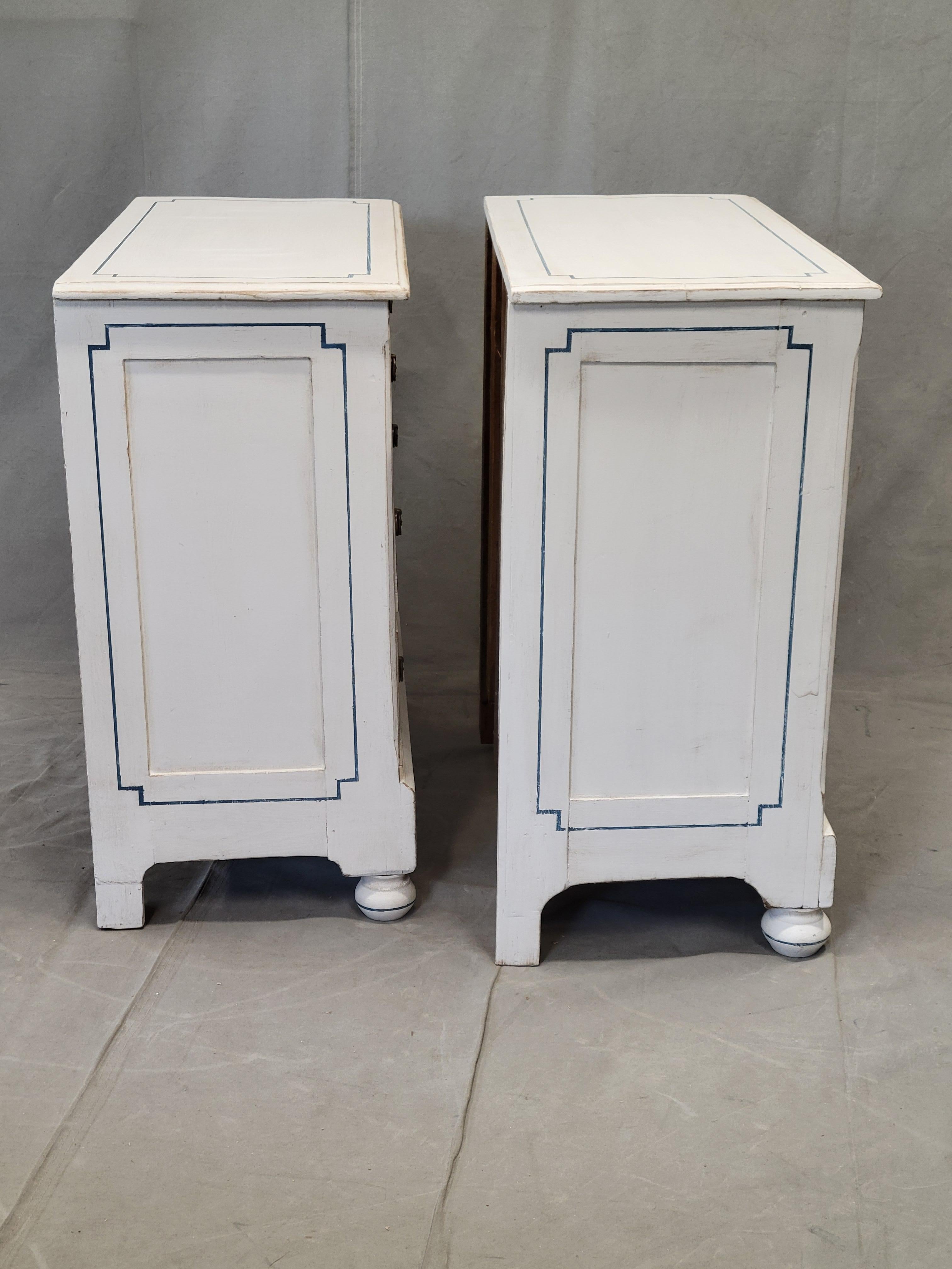 Pair of Antique 19th Century Pine Painted White Dressers With Blue French Line 10