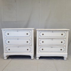 Pair of Antique 19th Century Pine Painted White Dressers With Blue French Line