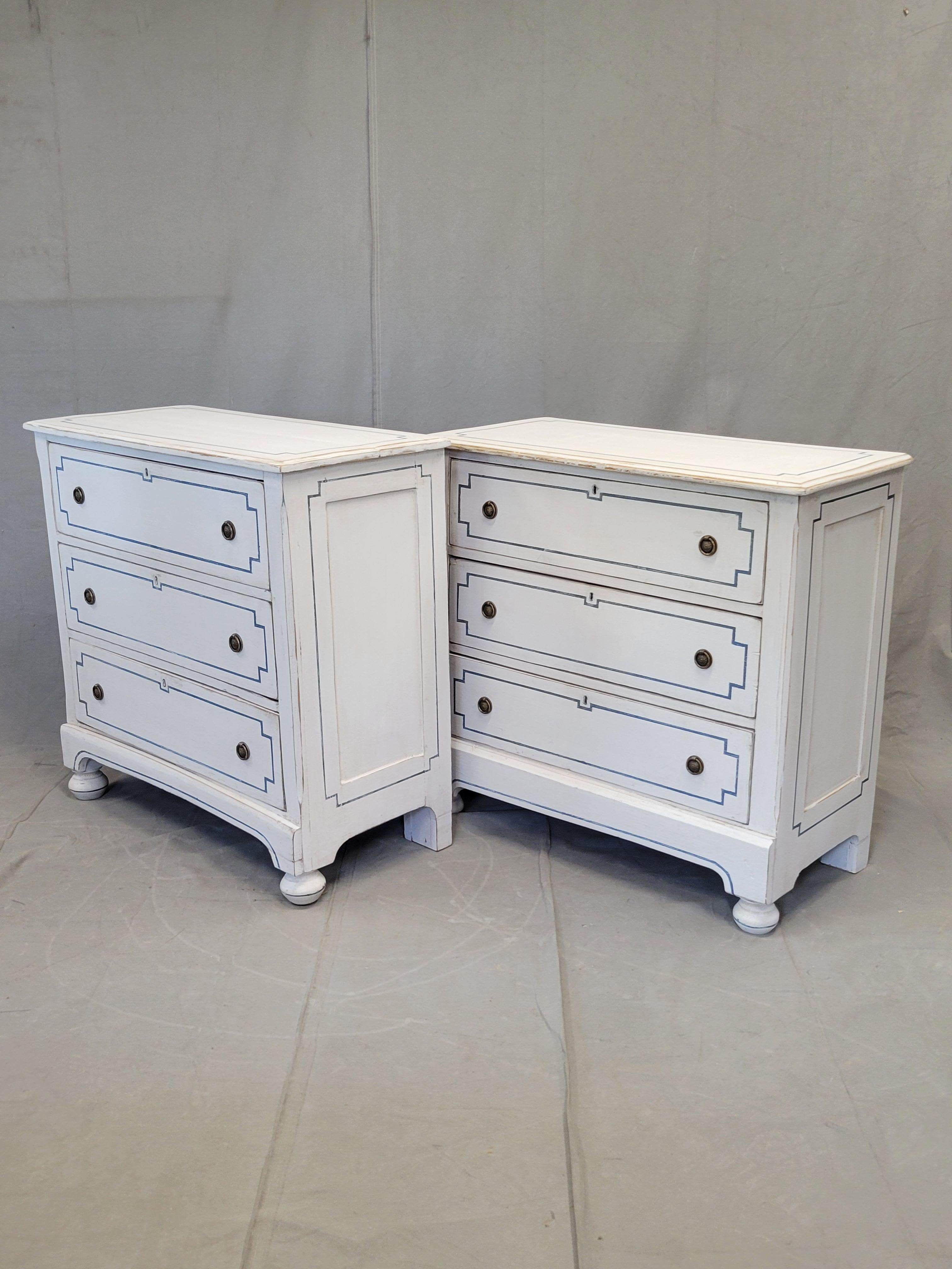 Neoclassical Pair of Antique 19th Century Pine Painted White Dressers With Blue French Line