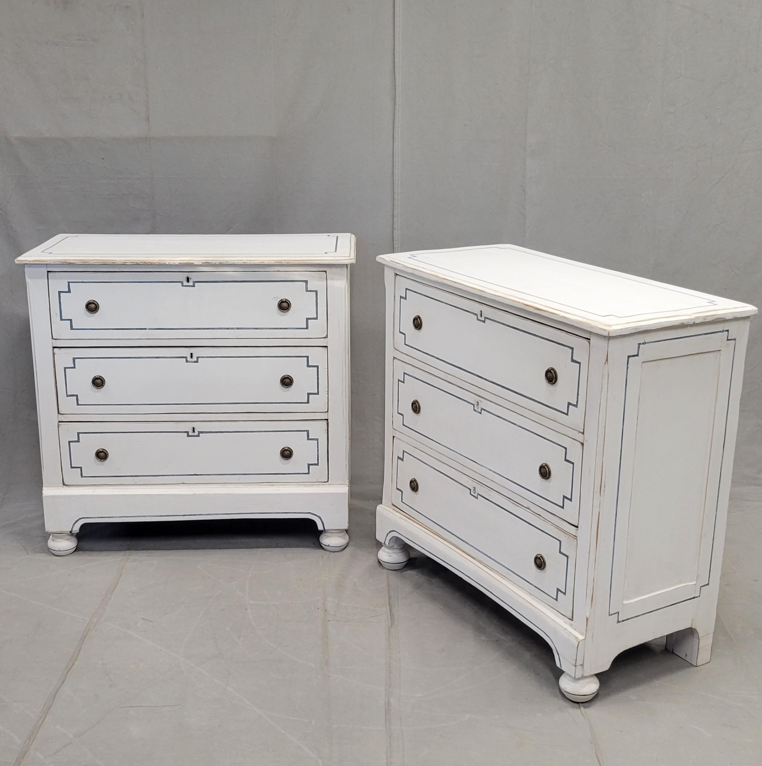 American Pair of Antique 19th Century Pine Painted White Dressers With Blue French Line