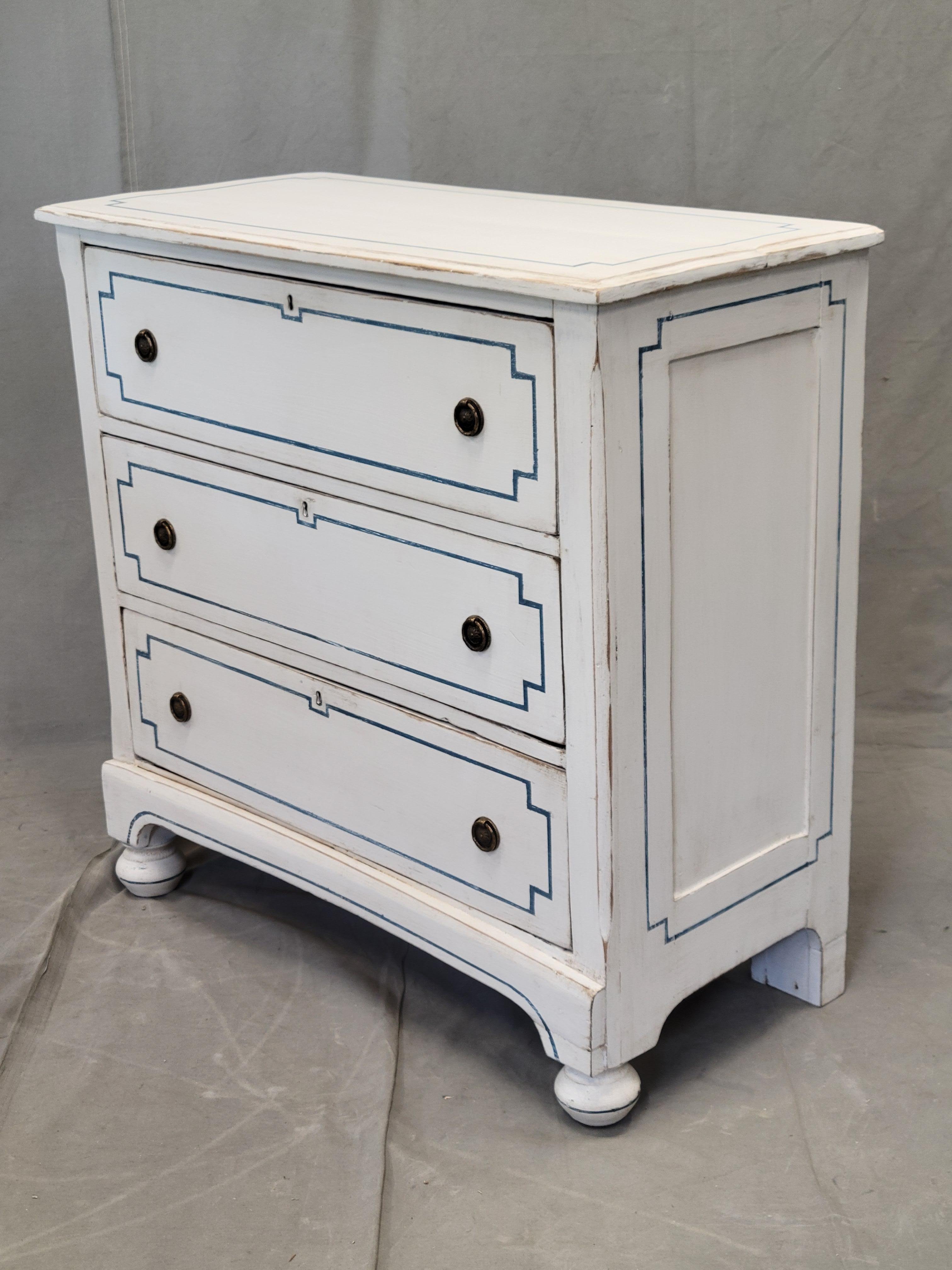 Brass Pair of Antique 19th Century Pine Painted White Dressers With Blue French Line