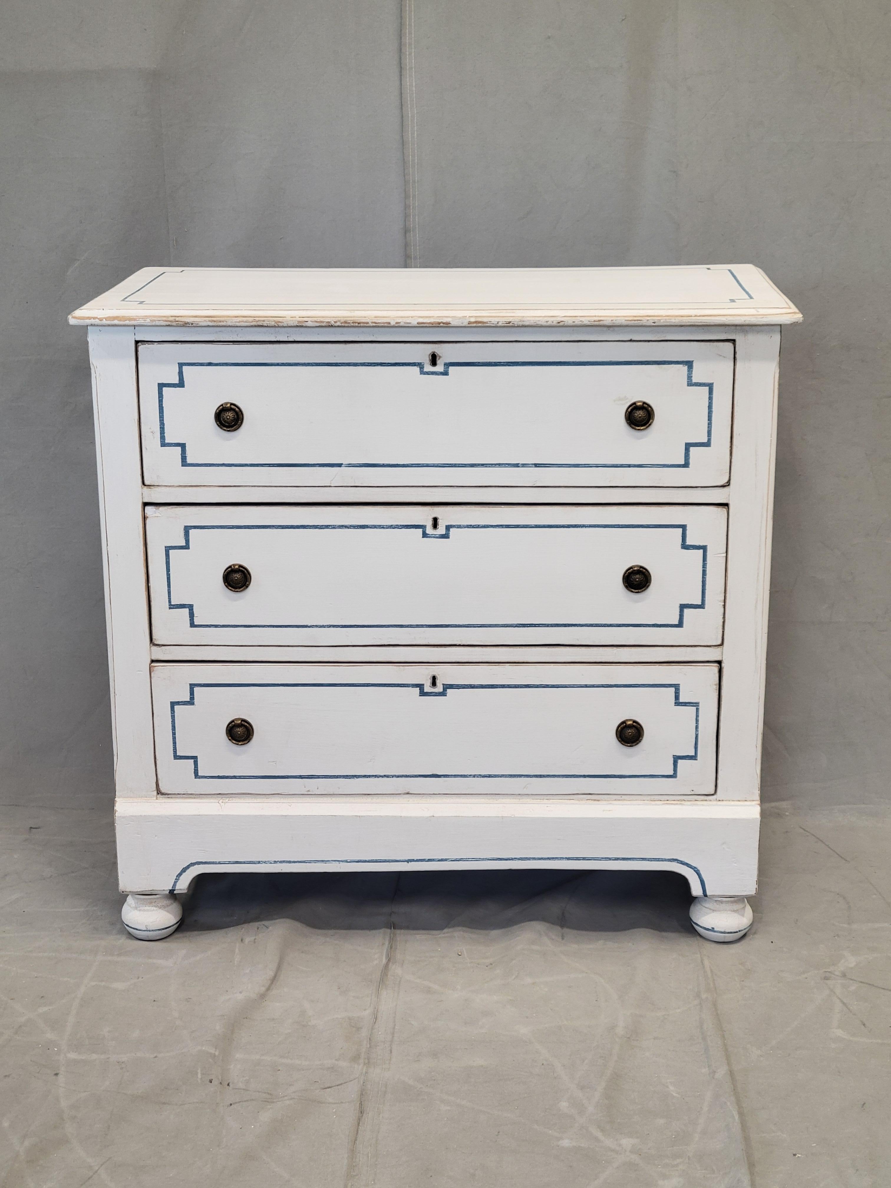Pair of Antique 19th Century Pine Painted White Dressers With Blue French Line 1