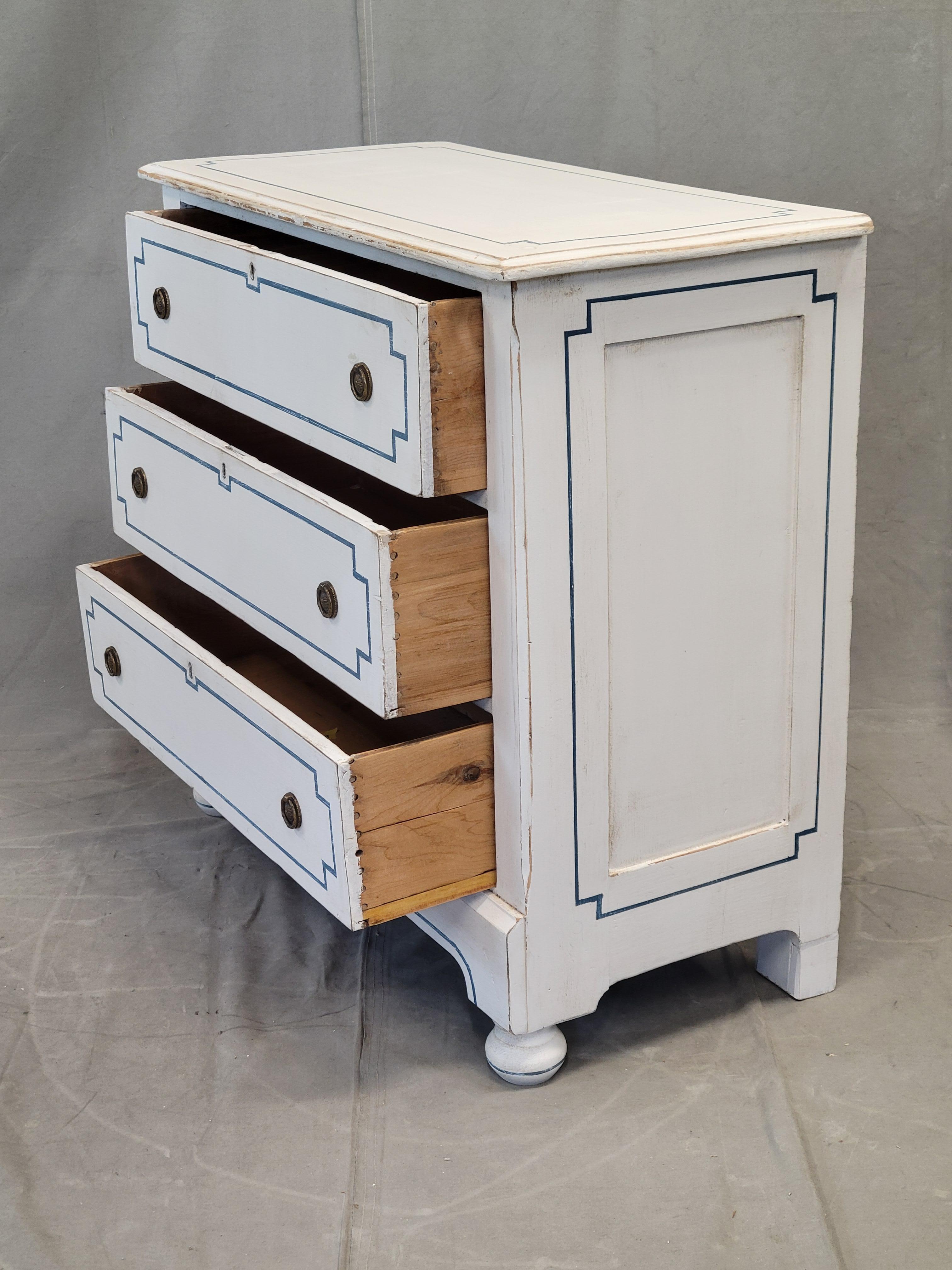 Pair of Antique 19th Century Pine Painted White Dressers With Blue French Line 2