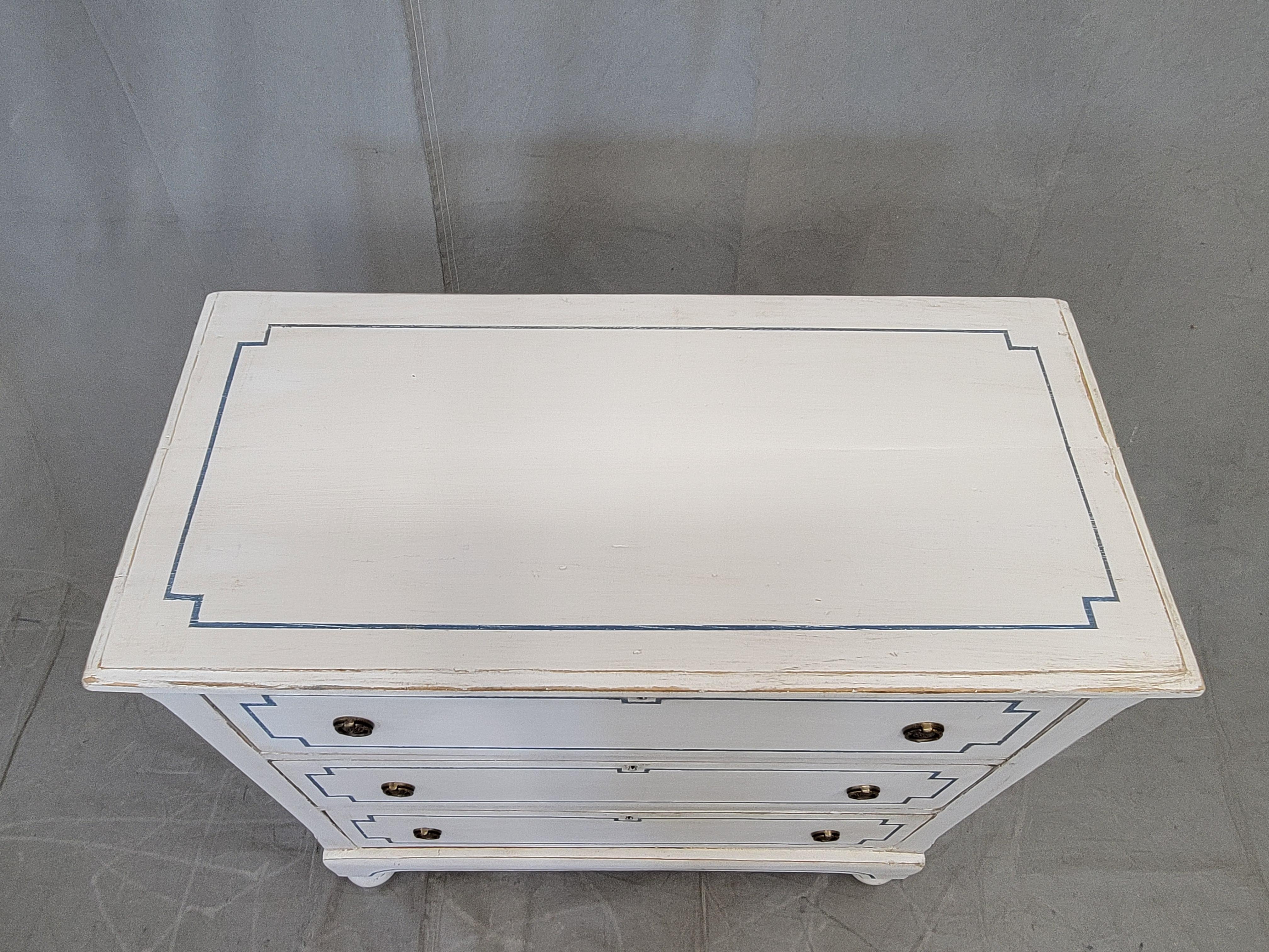 Pair of Antique 19th Century Pine Painted White Dressers With Blue French Line 3