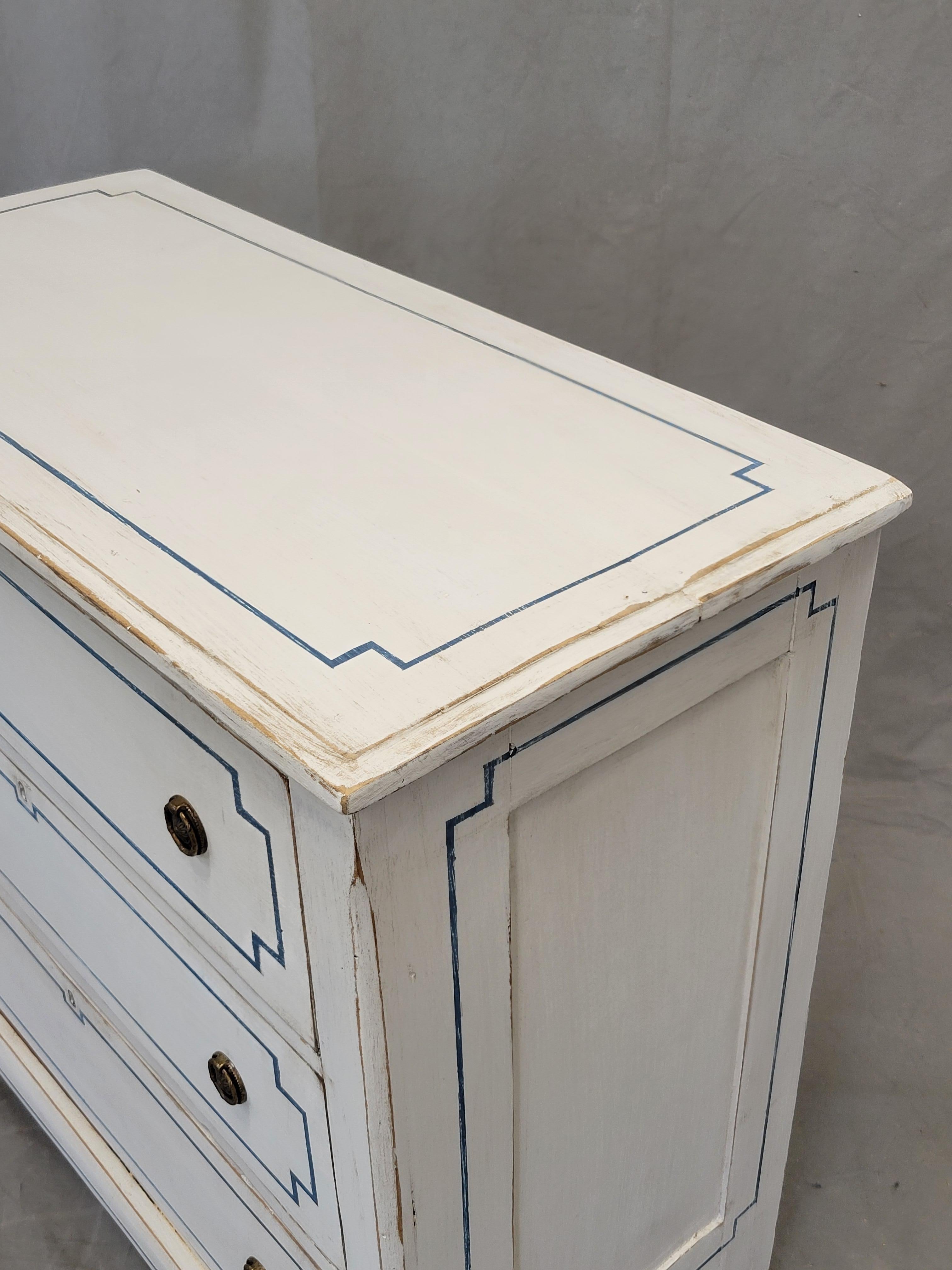 Pair of Antique 19th Century Pine Painted White Dressers With Blue French Line 4