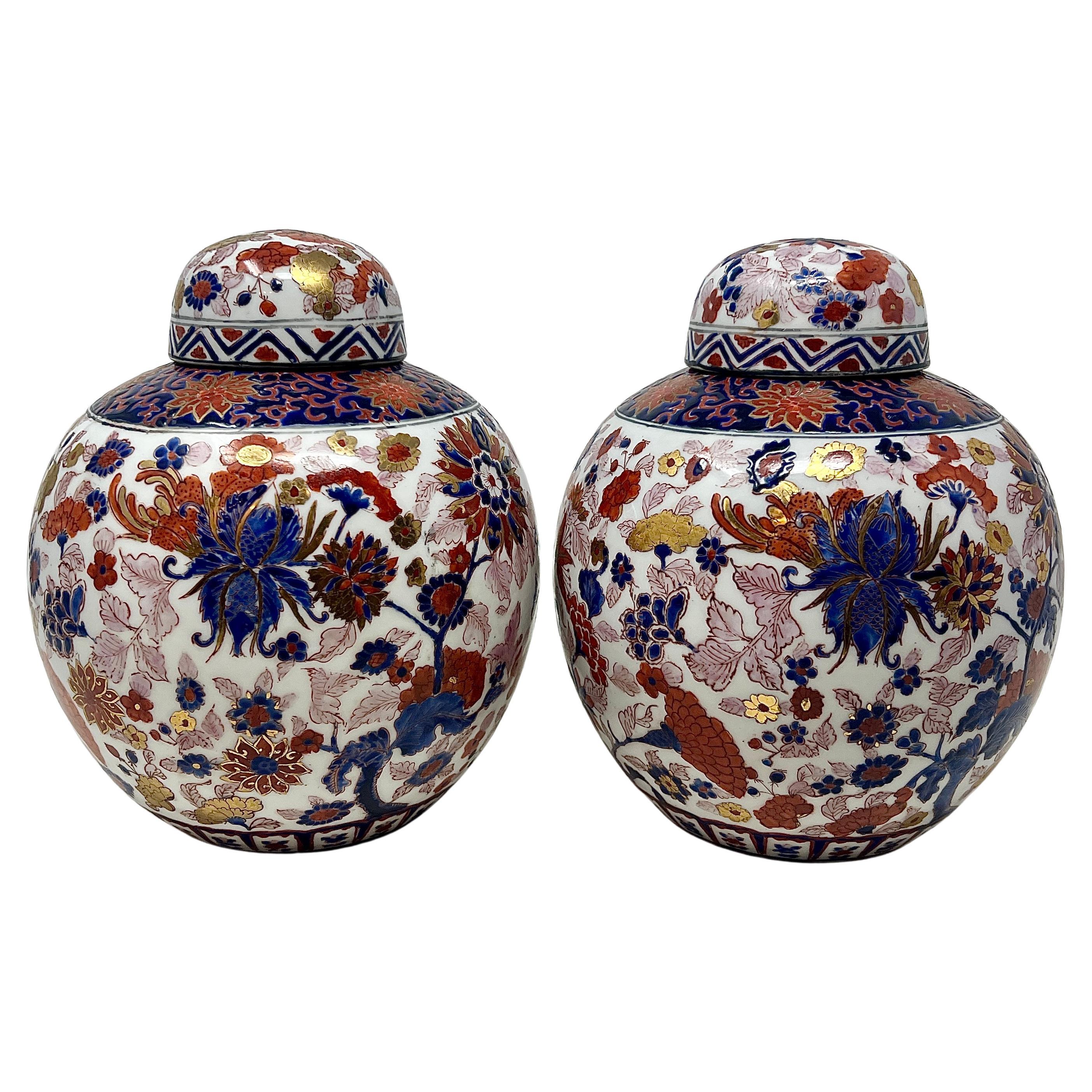 Pair of Antique 19th Century Porcelain Ginger Jars with Lids, Circa 1890.