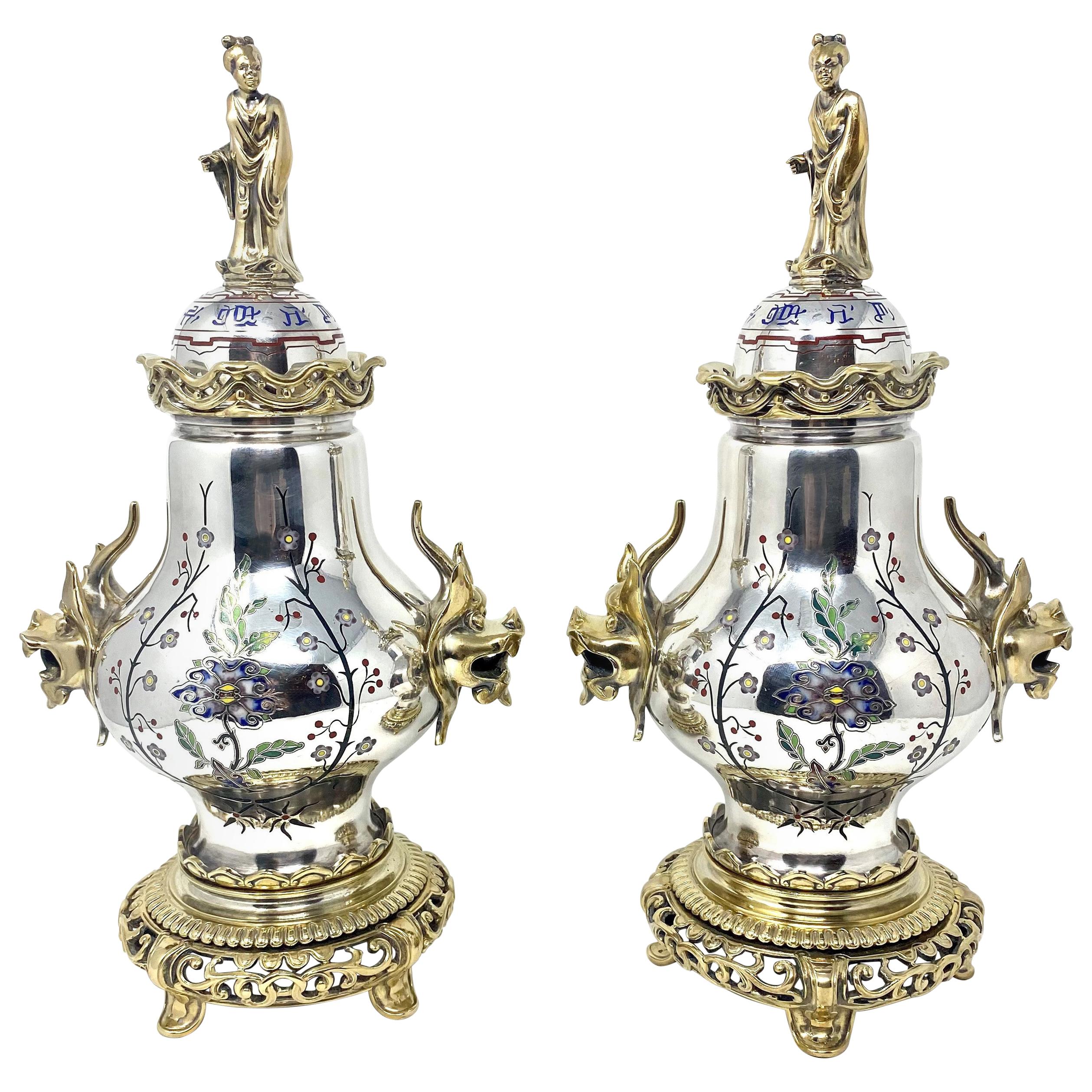Pair of Antique 19th Century Silvered and Enameled Bronze Chinoiserie Urns For Sale