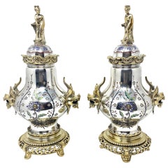 Pair of Antique 19th Century Silvered and Enameled Bronze Chinoiserie Urns