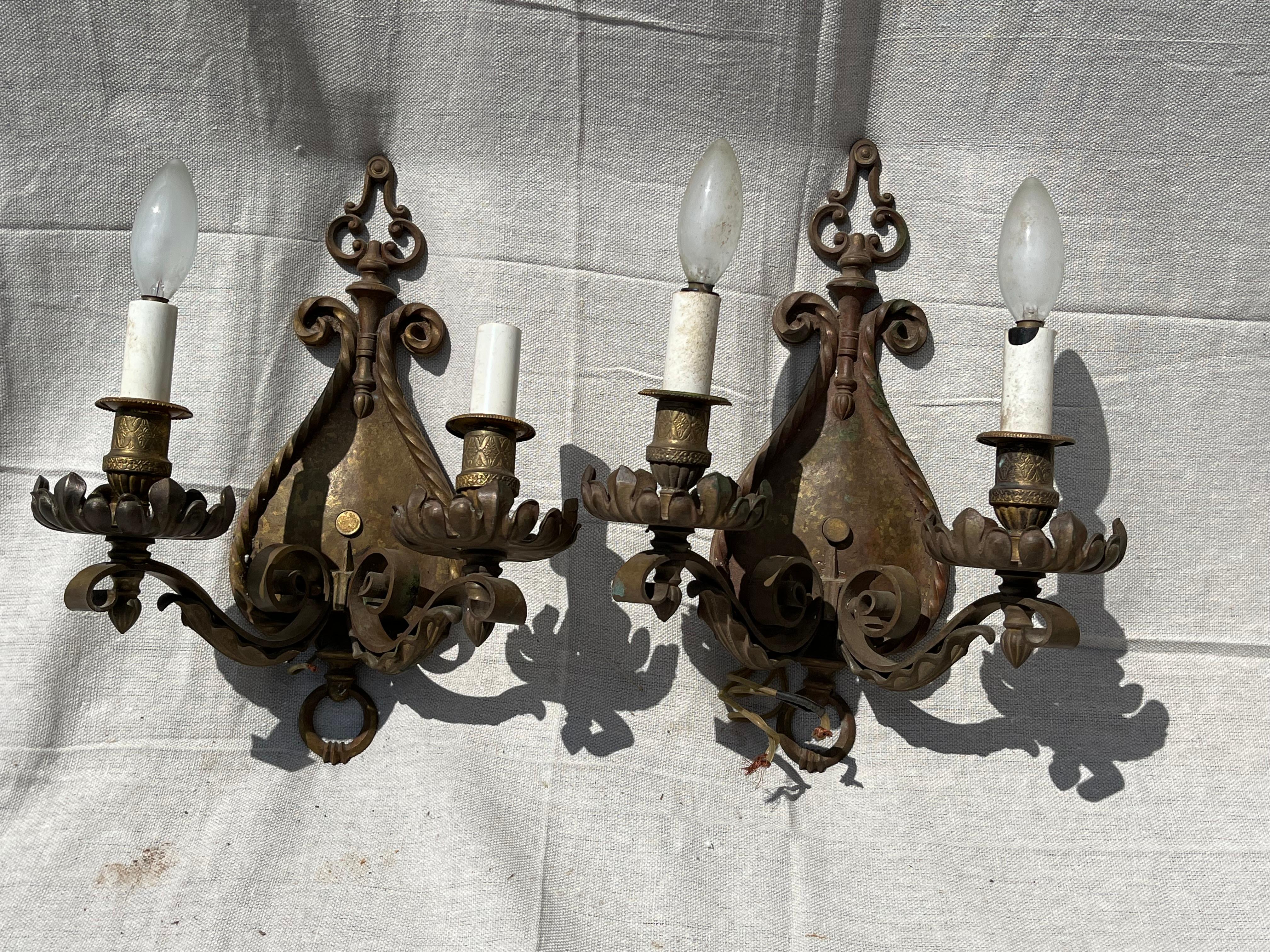 American Pair of Antique 2-Arm Sconces in Bronze For Sale