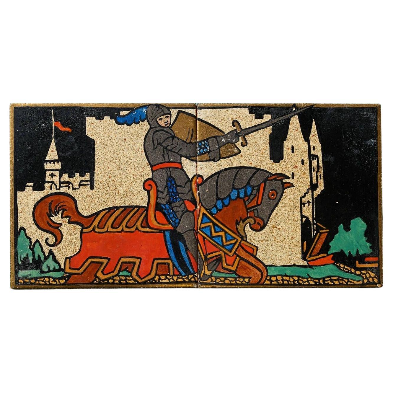 Pair of Antique 20th Century Medieval Style Tiles