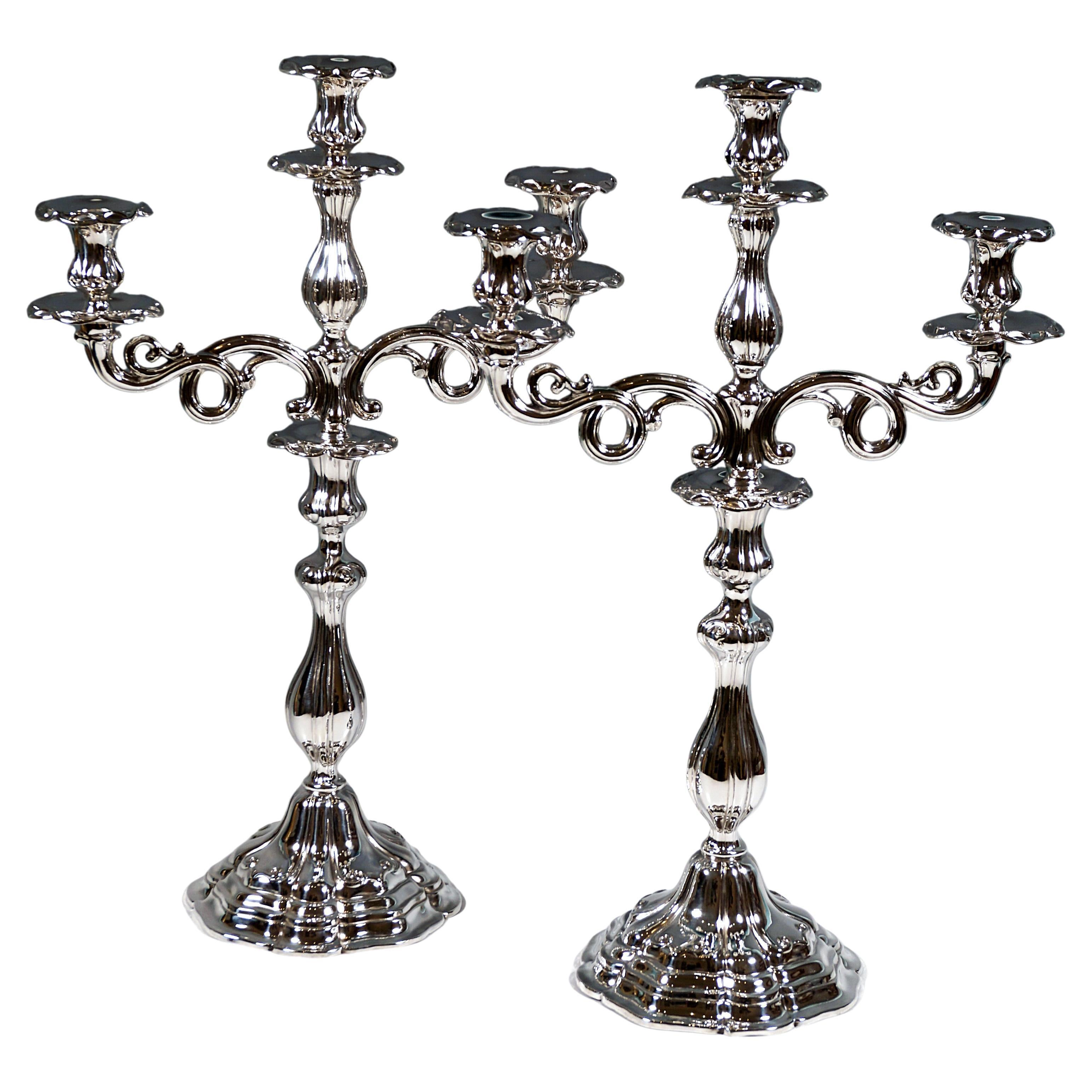 Pair Of Antique 3-Flame Biedermeier Silver Candelabra, Germany, 19th Century
