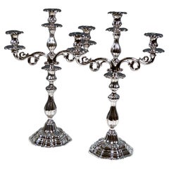 Pair Of Antique 3-Flame Biedermeier Silver Candelabra, Germany, 19th Century