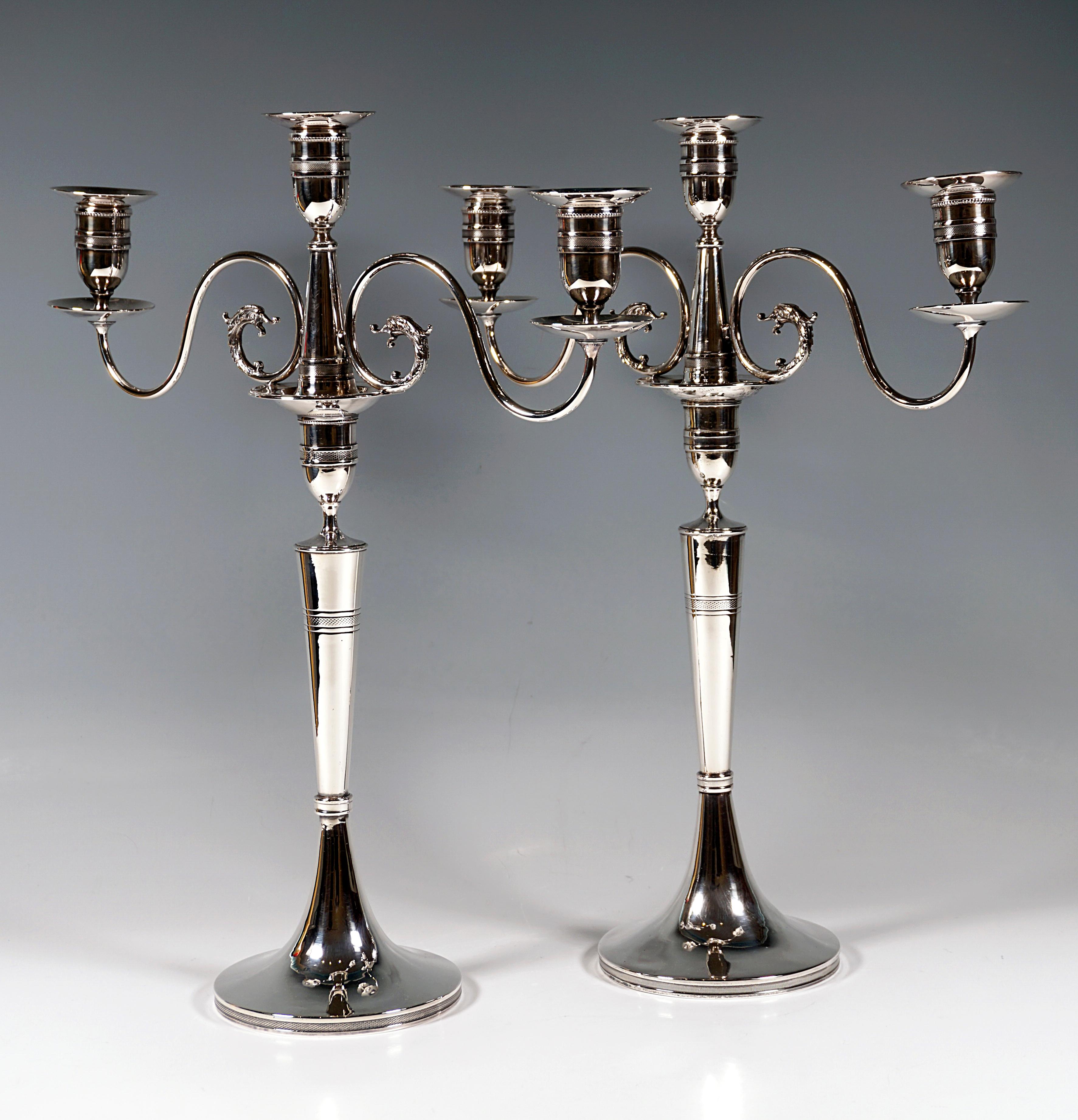 Austrian Pair Of Antique 3-Flame Empire Silver Candle Holders, by Anton Köll, Vienna 1807