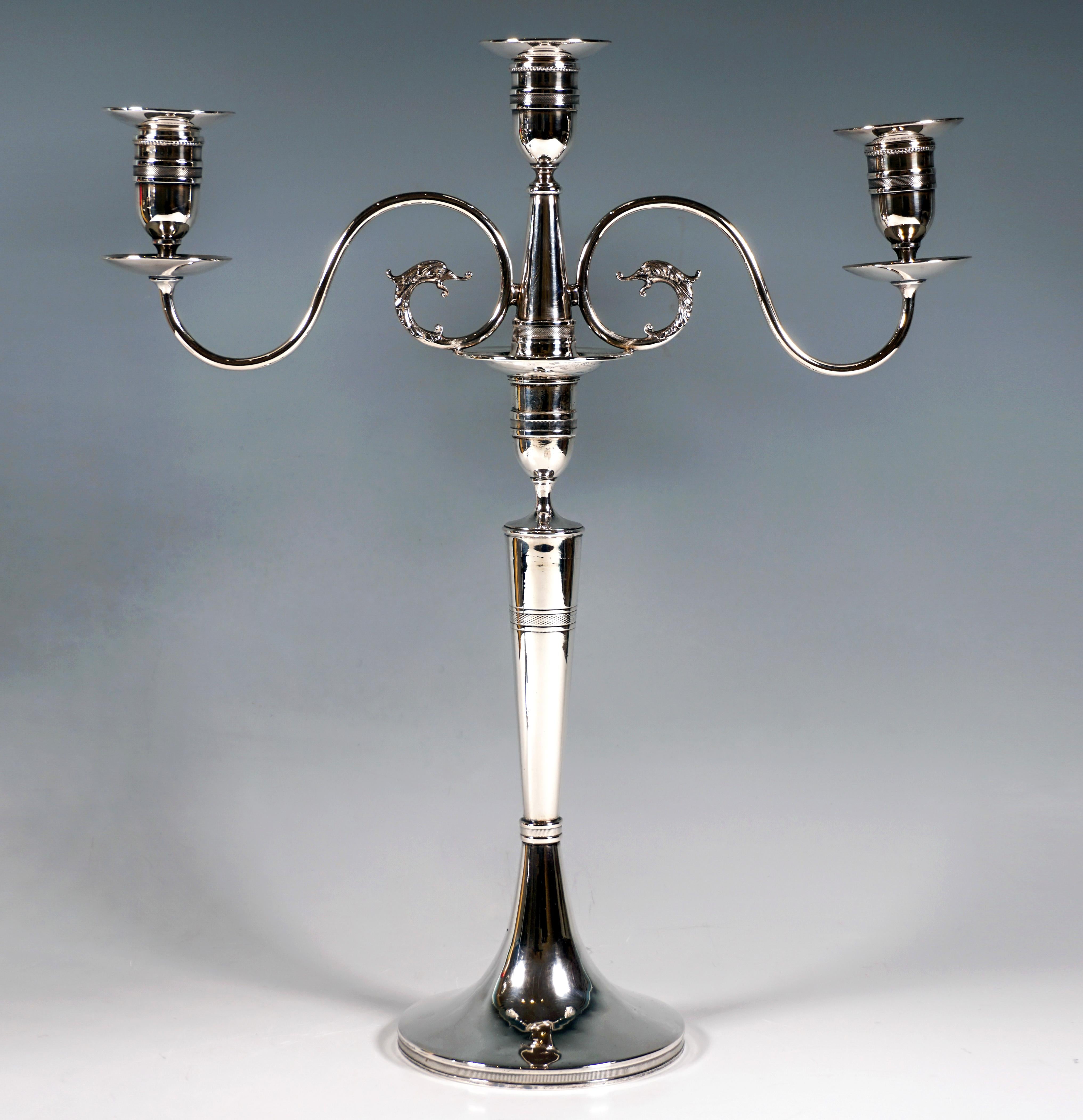 Hand-Crafted Pair Of Antique 3-Flame Empire Silver Candle Holders, by Anton Köll, Vienna 1807