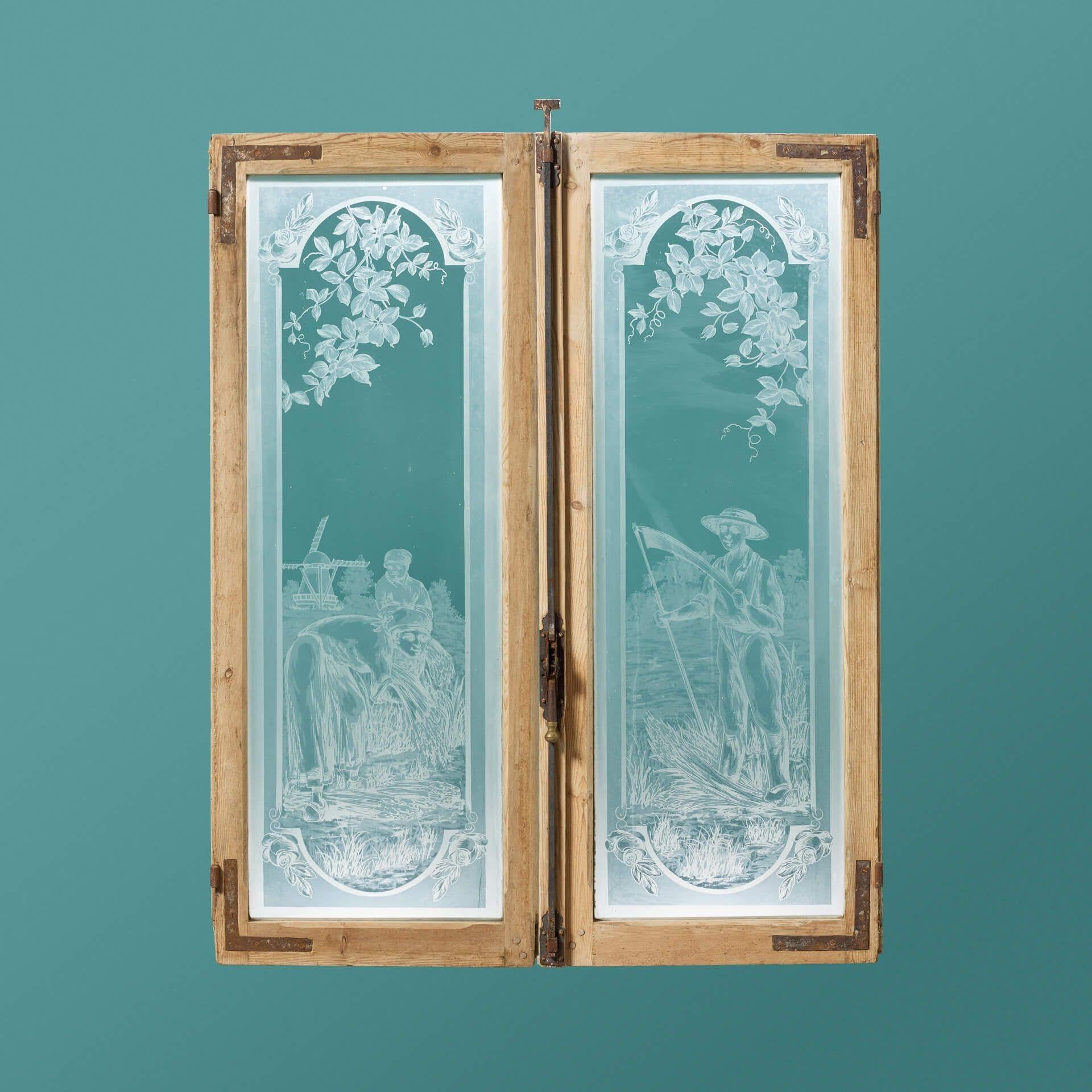 Victorian Pair of Antique Acid Etched Glass Windows For Sale