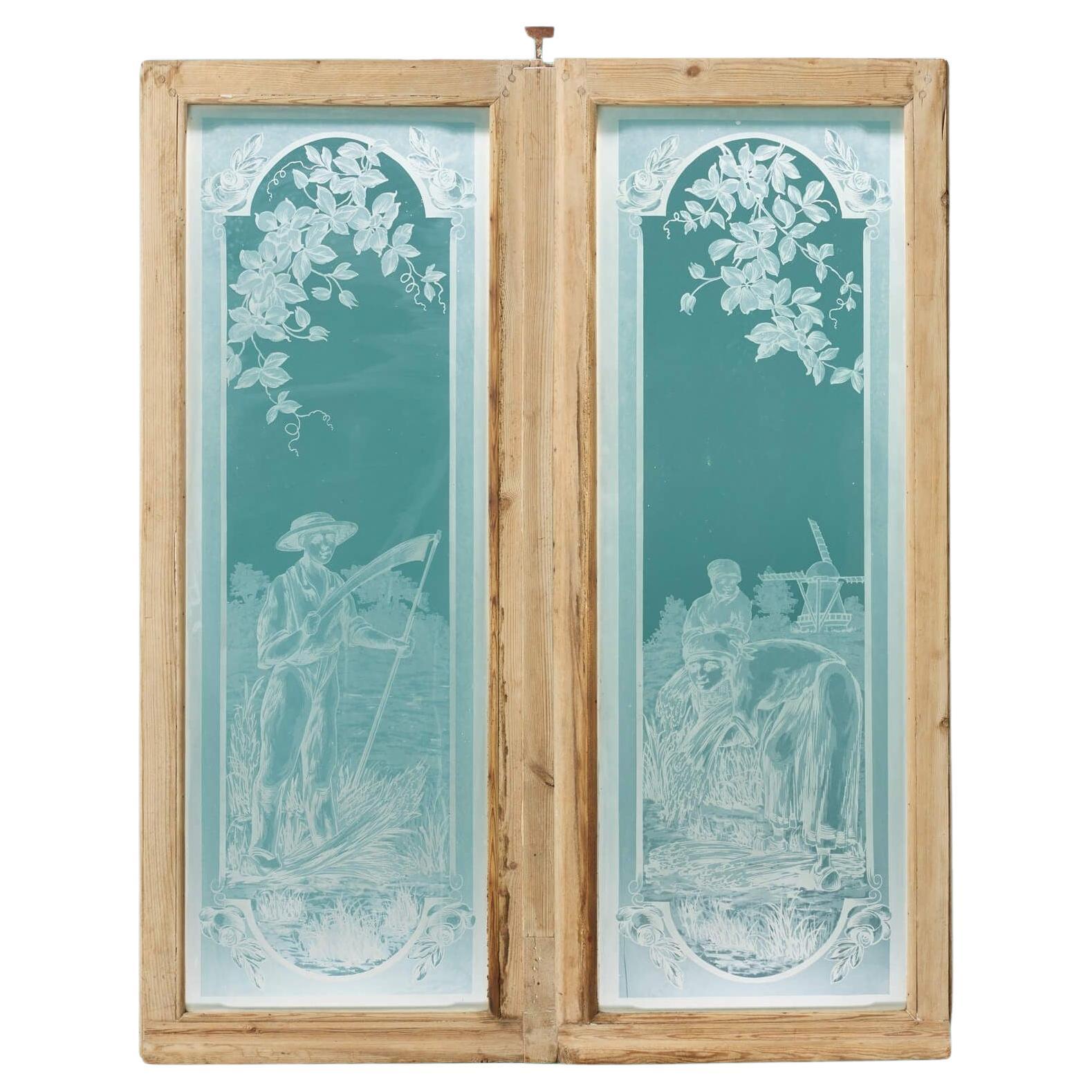 Pair of Antique Acid Etched Glass Windows For Sale