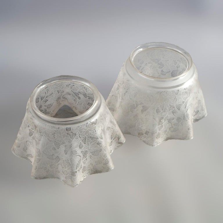 Pair of Antique Acid Etched Leaf and Vine Gas Light Shades, Circa 1890