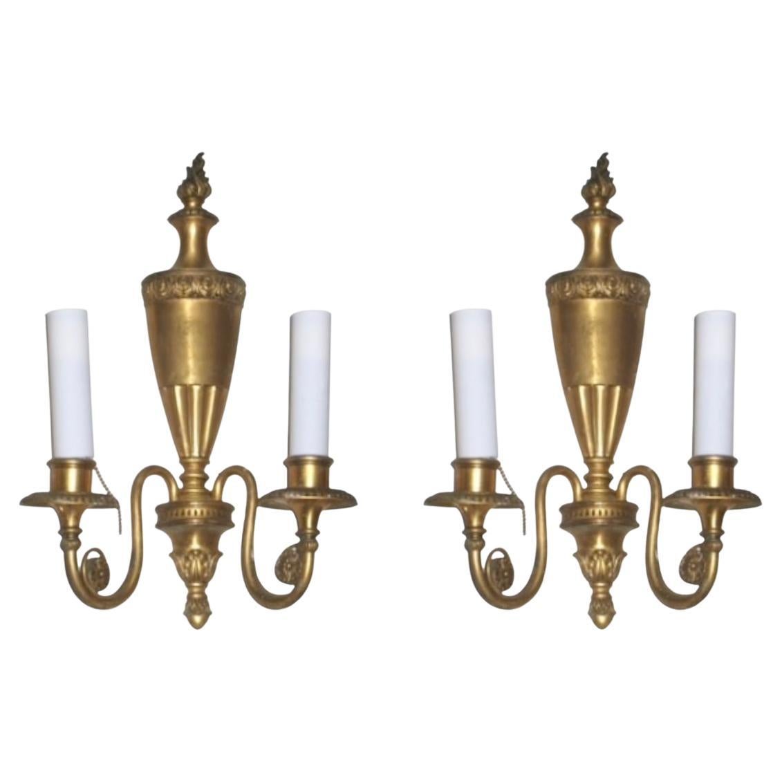 Pair of Antique Adam Style Bronze Sconces Attributed to Caldwell