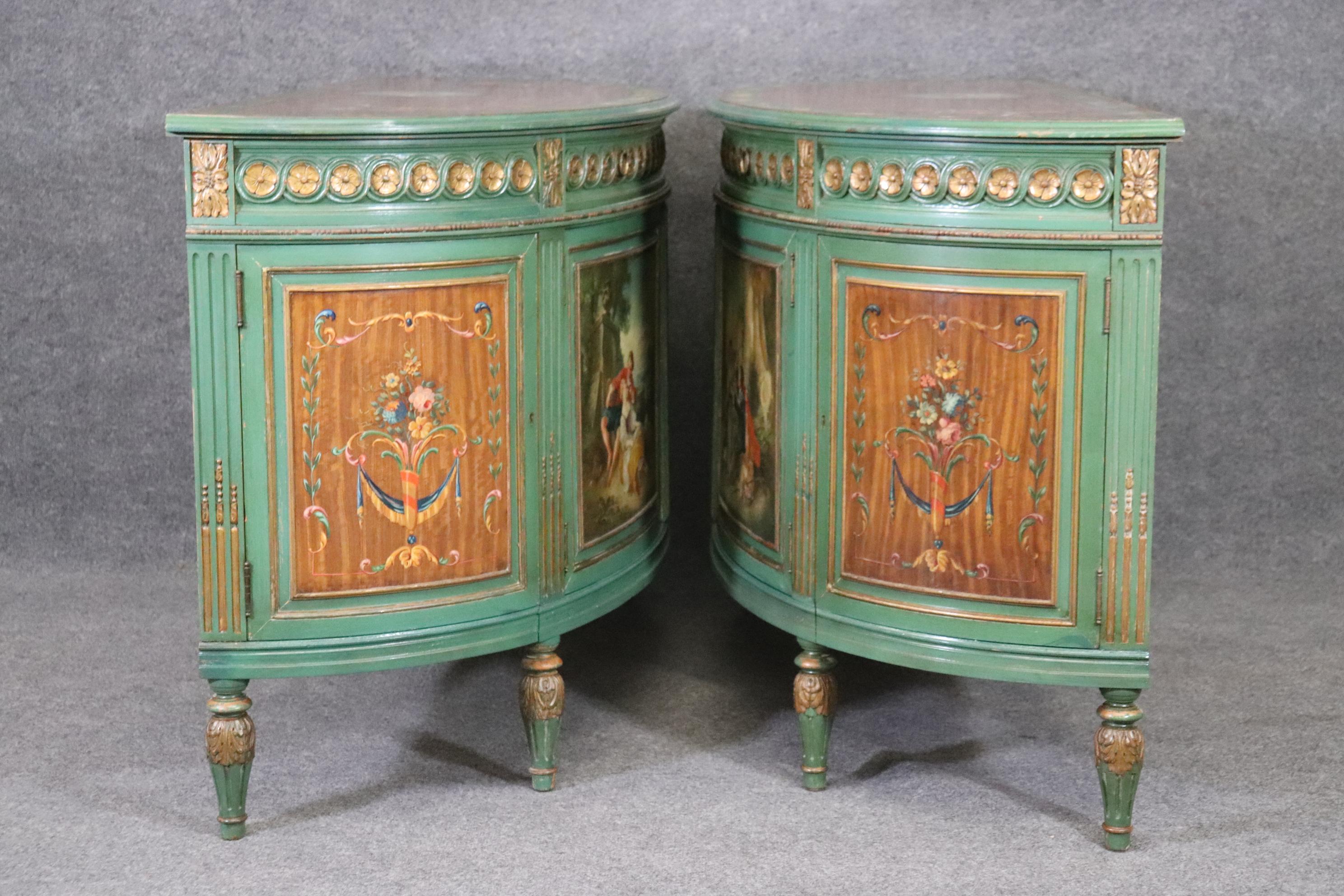 Pair of Antique Adams Style English Paint Decorated Demilune Commodes Buffets 4