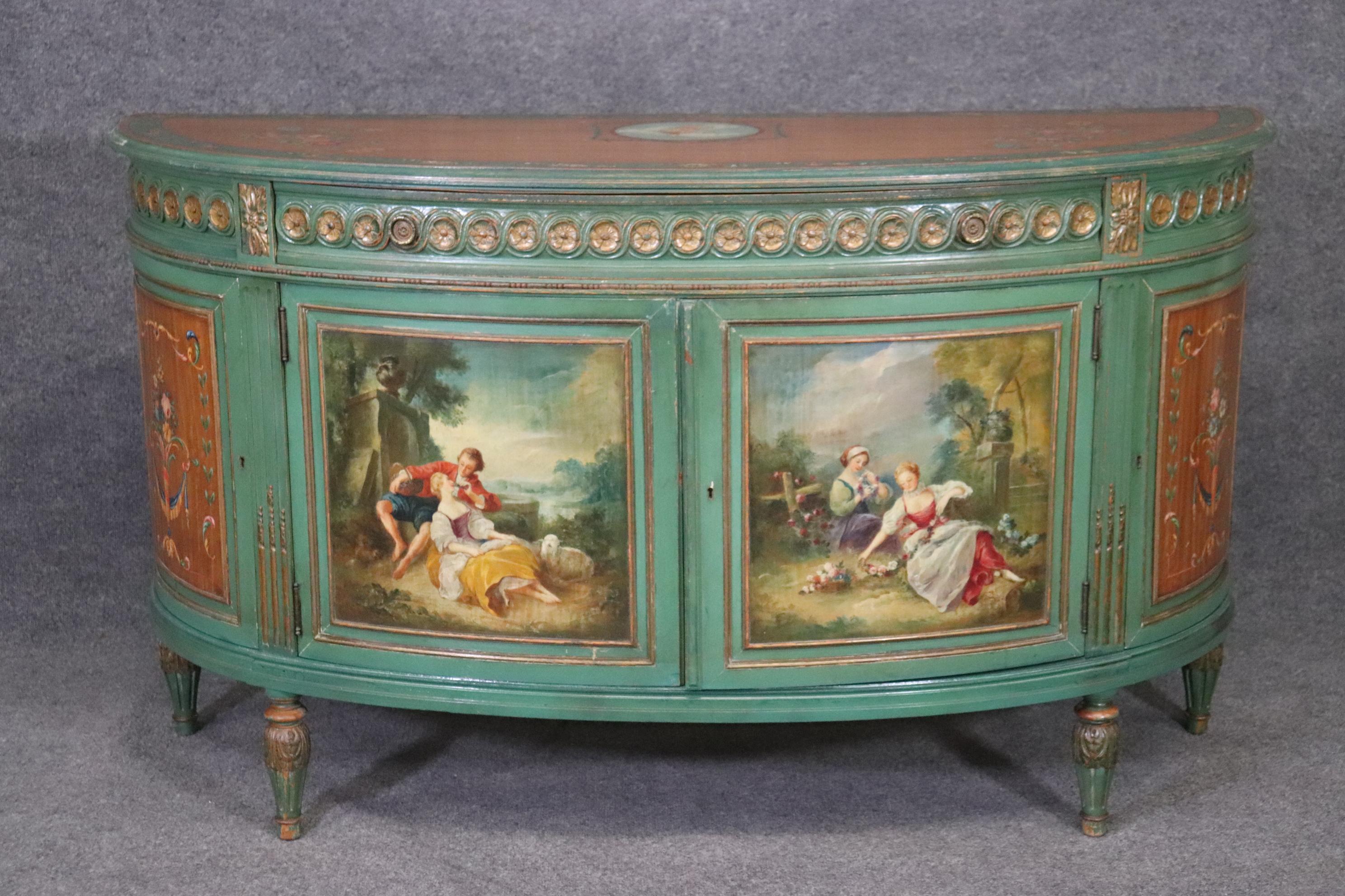 Pair of Antique Adams Style English Paint Decorated Demilune Commodes Buffets 6