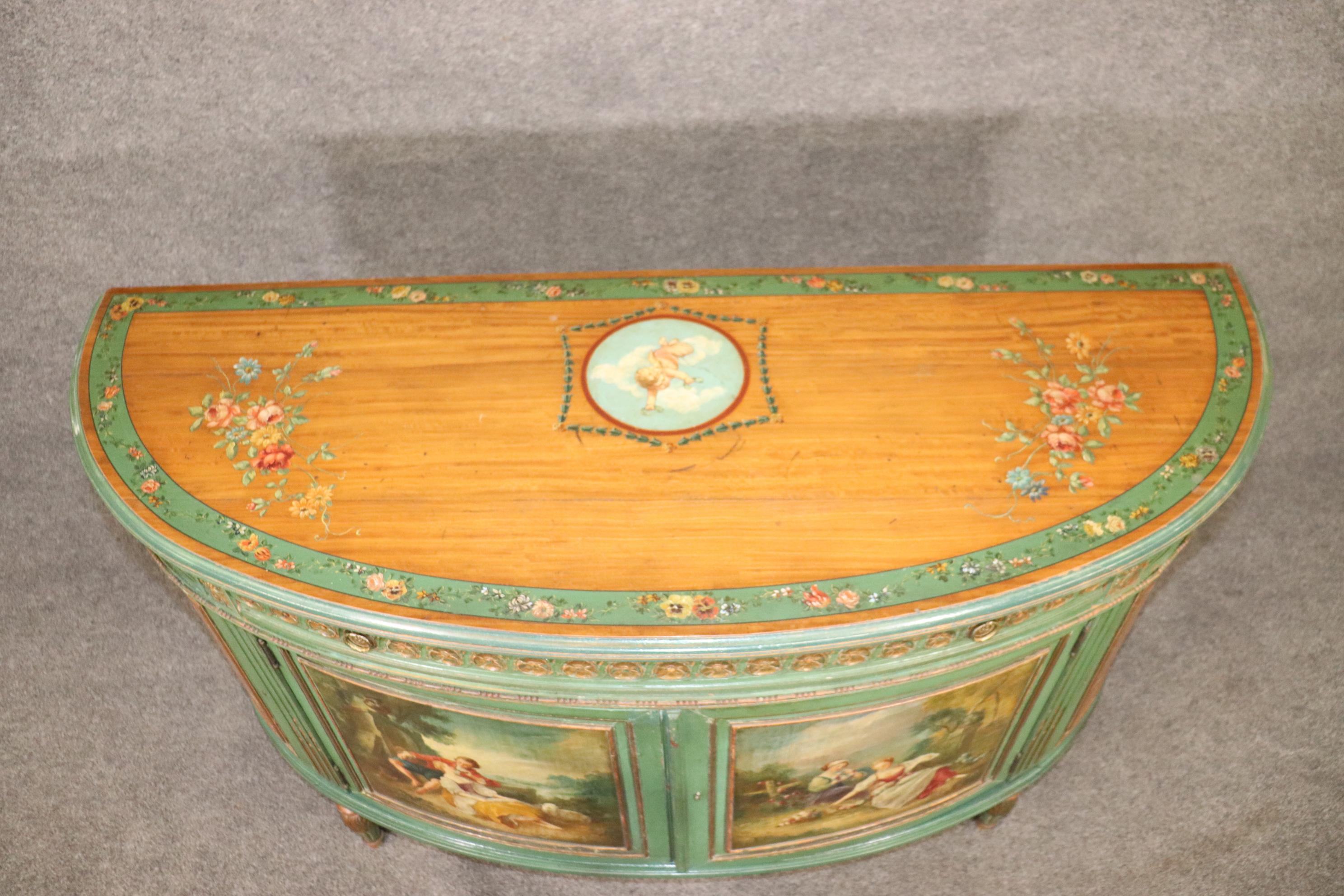 Pair of Antique Adams Style English Paint Decorated Demilune Commodes Buffets 7