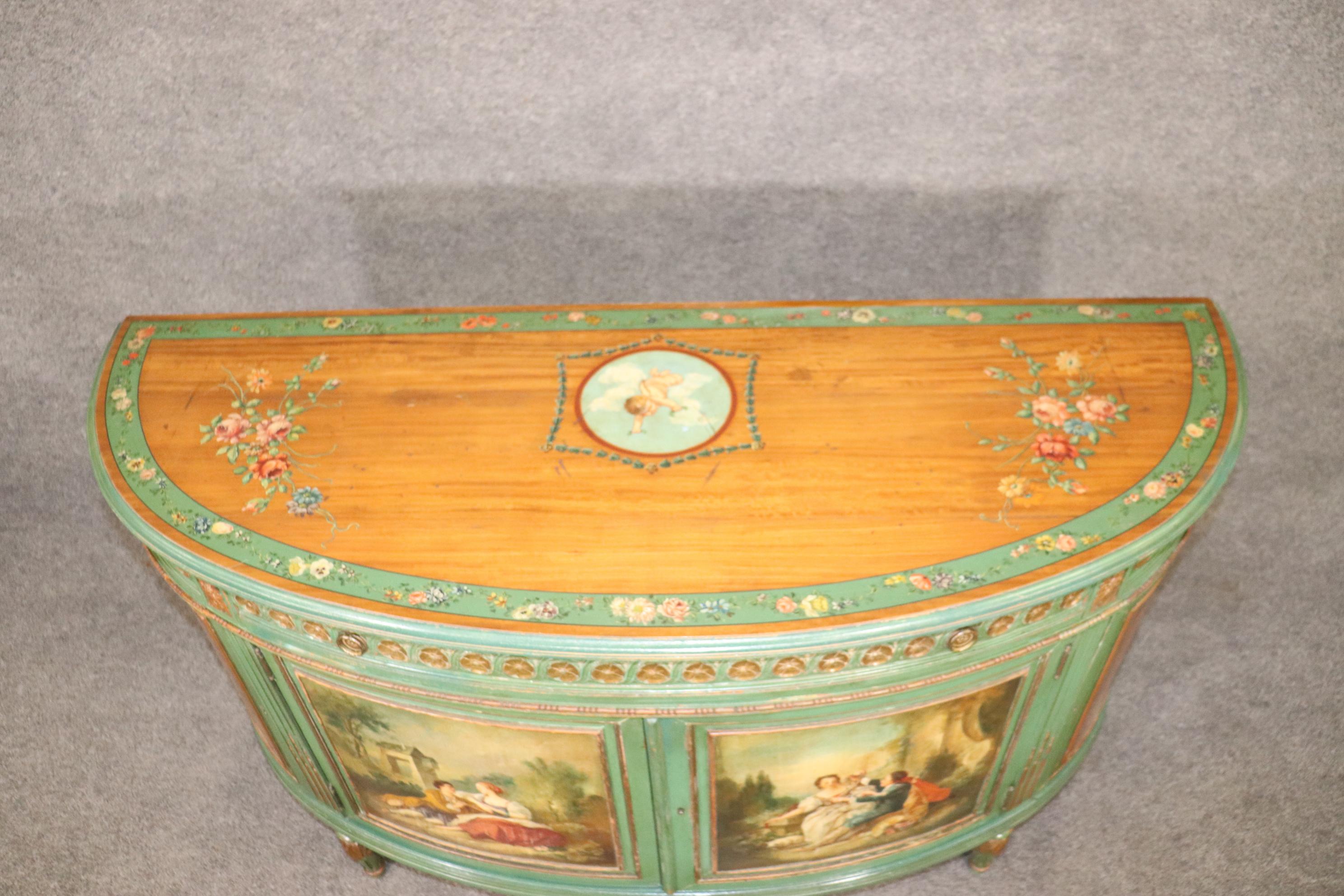 Pair of Antique Adams Style English Paint Decorated Demilune Commodes Buffets 8