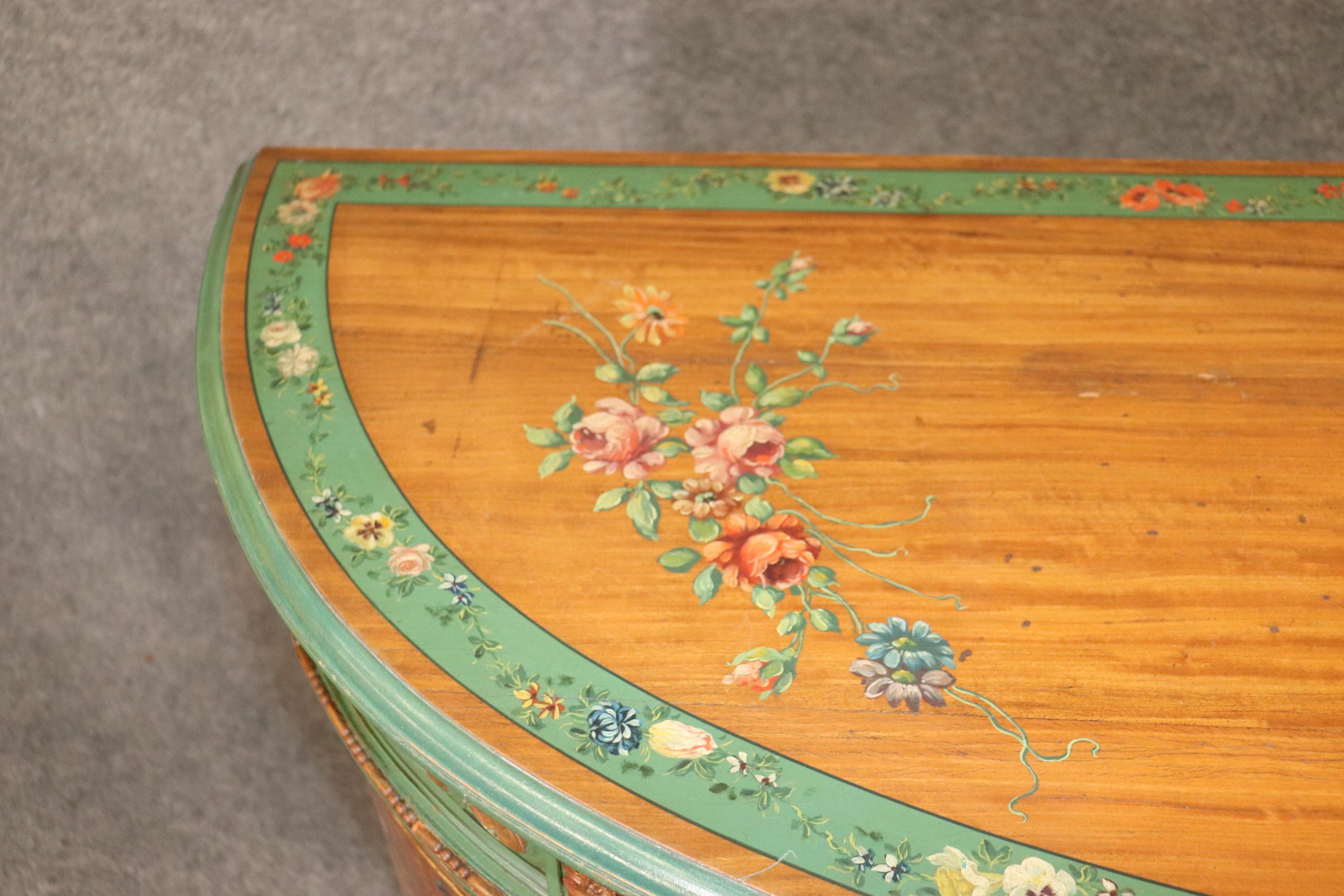 Pair of Antique Adams Style English Paint Decorated Demilune Commodes Buffets 14