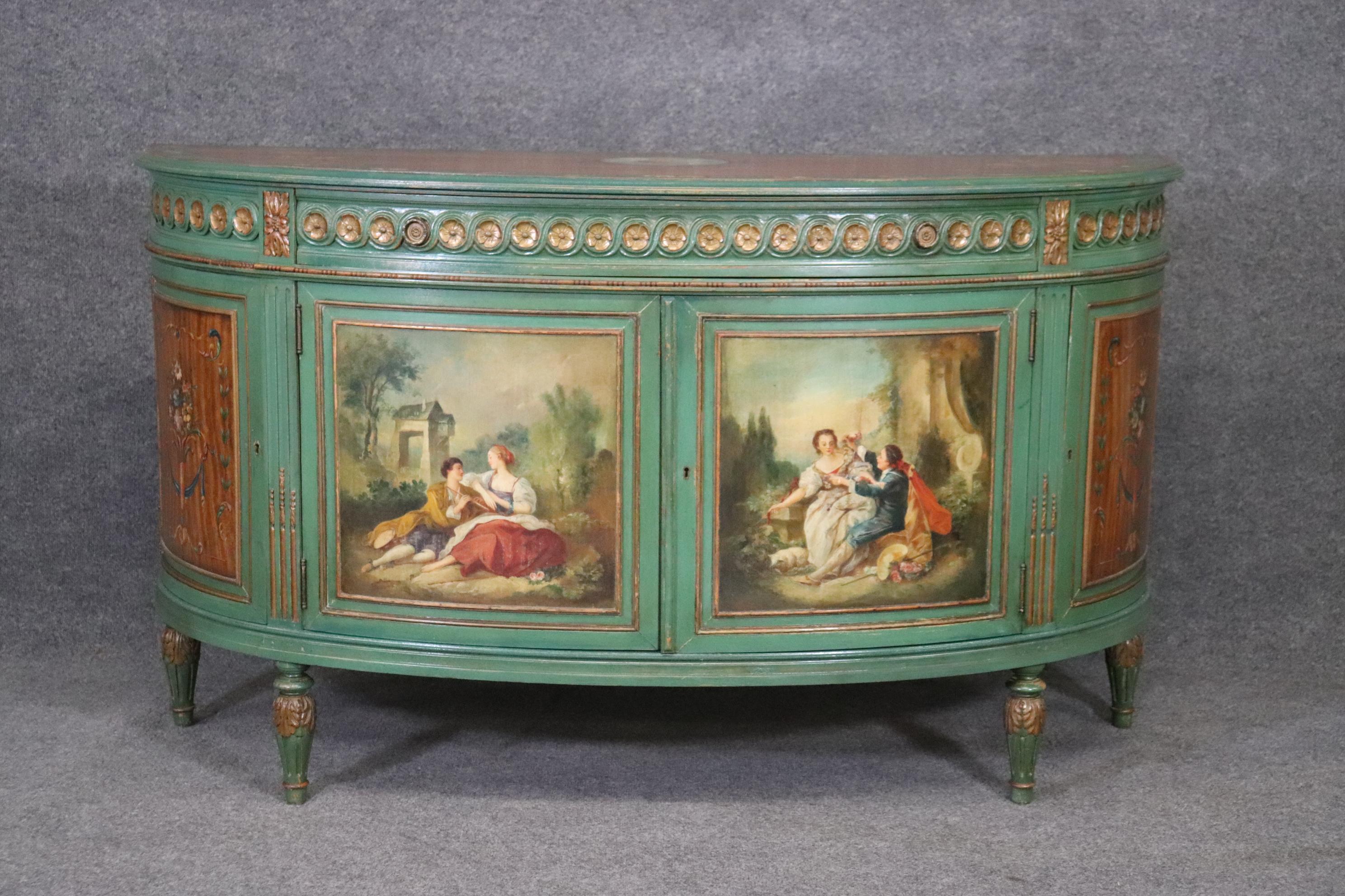 Early 20th Century Pair of Antique Adams Style English Paint Decorated Demilune Commodes Buffets