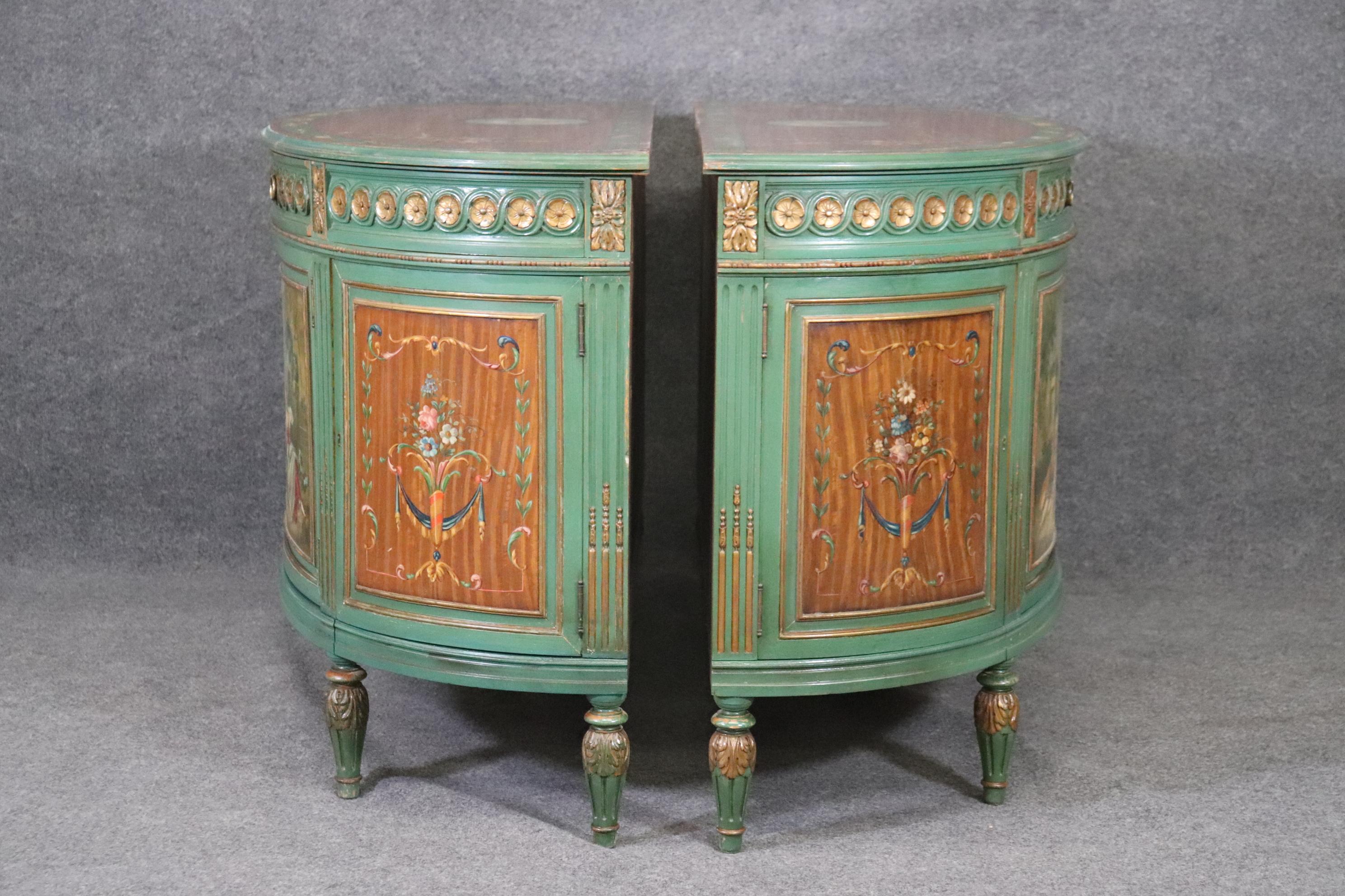 Pair of Antique Adams Style English Paint Decorated Demilune Commodes Buffets 2