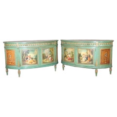 Pair of Antique Adams Style English Paint Decorated Demilune Commodes Buffets