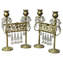 Pair of Antique Aesthetic Movement Brass & Crystal Two-Candle Candelabras c1890