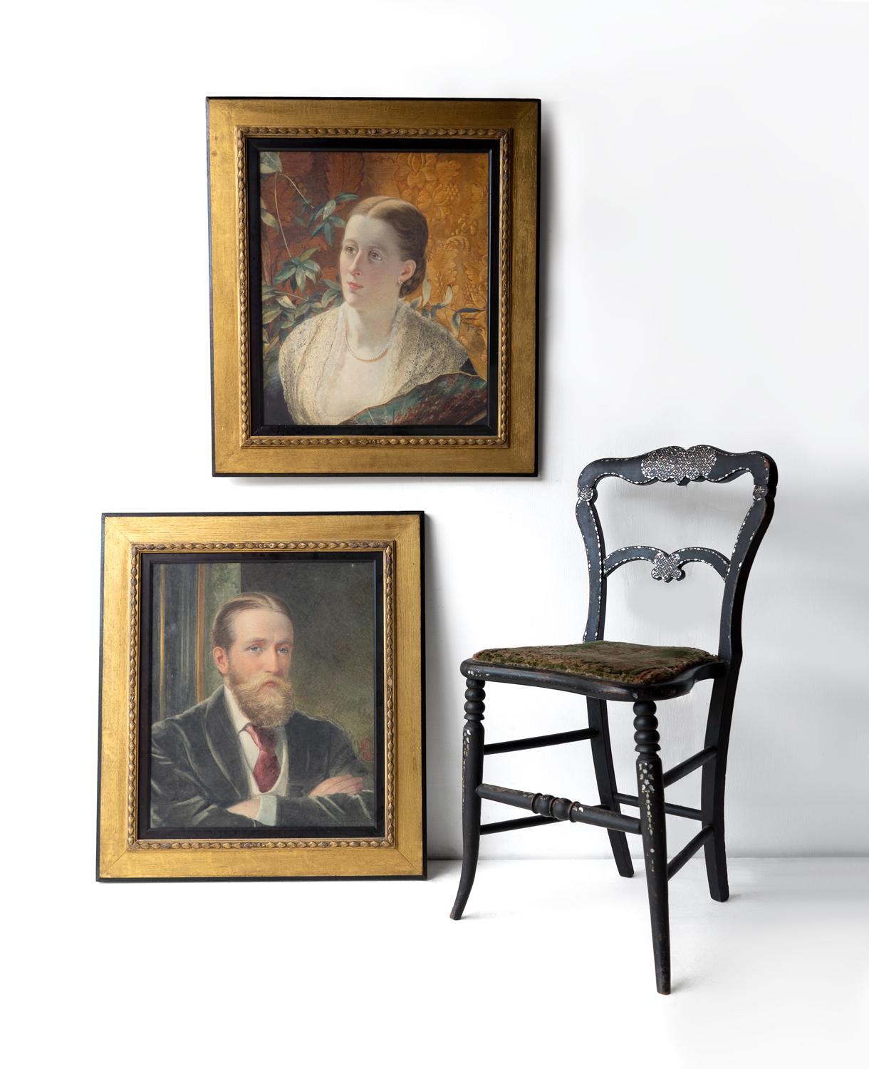 Hand-Painted  Pair Of Antique Aesthetic Movement Portraits, Original Watercolour Paintings For Sale