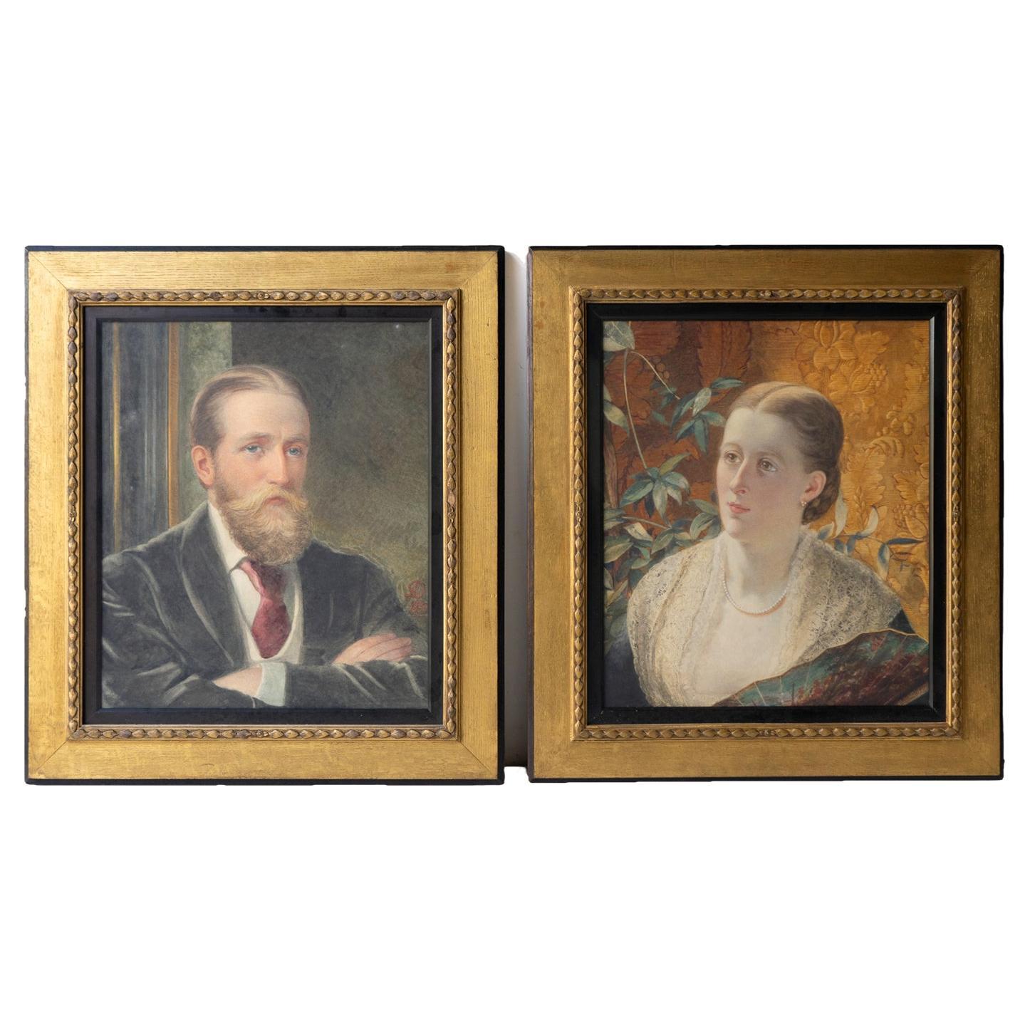  Pair Of Antique Aesthetic Movement Portraits, Original Watercolour Paintings