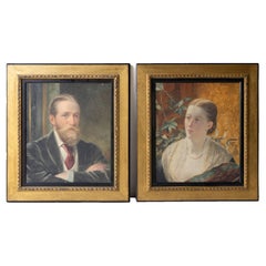 Pair Of Antique Aesthetic Movement Portraits, Original Watercolour Paintings