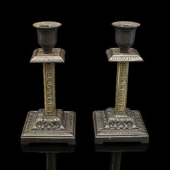 Pair Of Antique Aesthetic Period Candlesticks, English, Brass, Stand, Victorian
