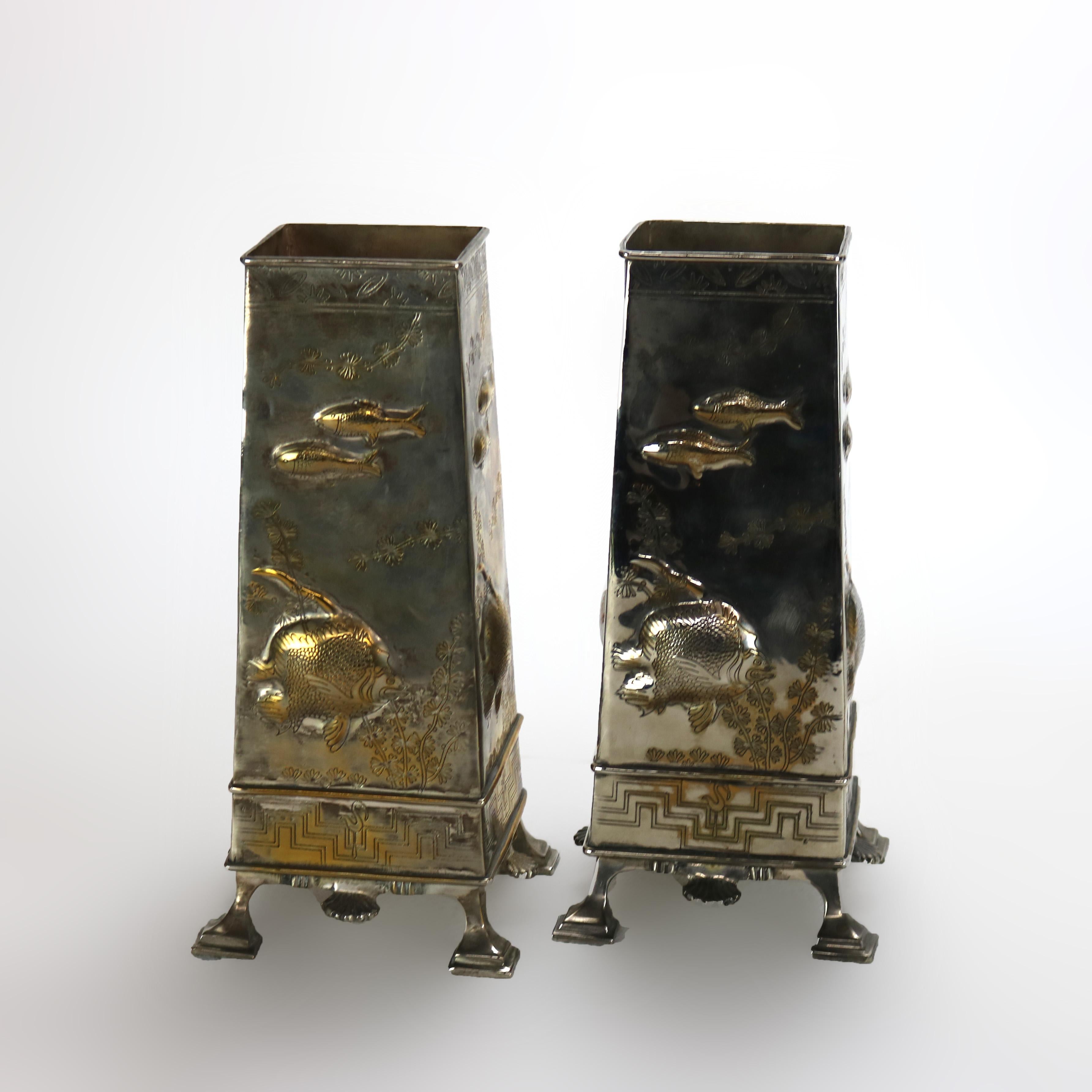 Pair of Antique Aesthetic Silver Plated Figural Fish Vases C1870 In Good Condition In Big Flats, NY